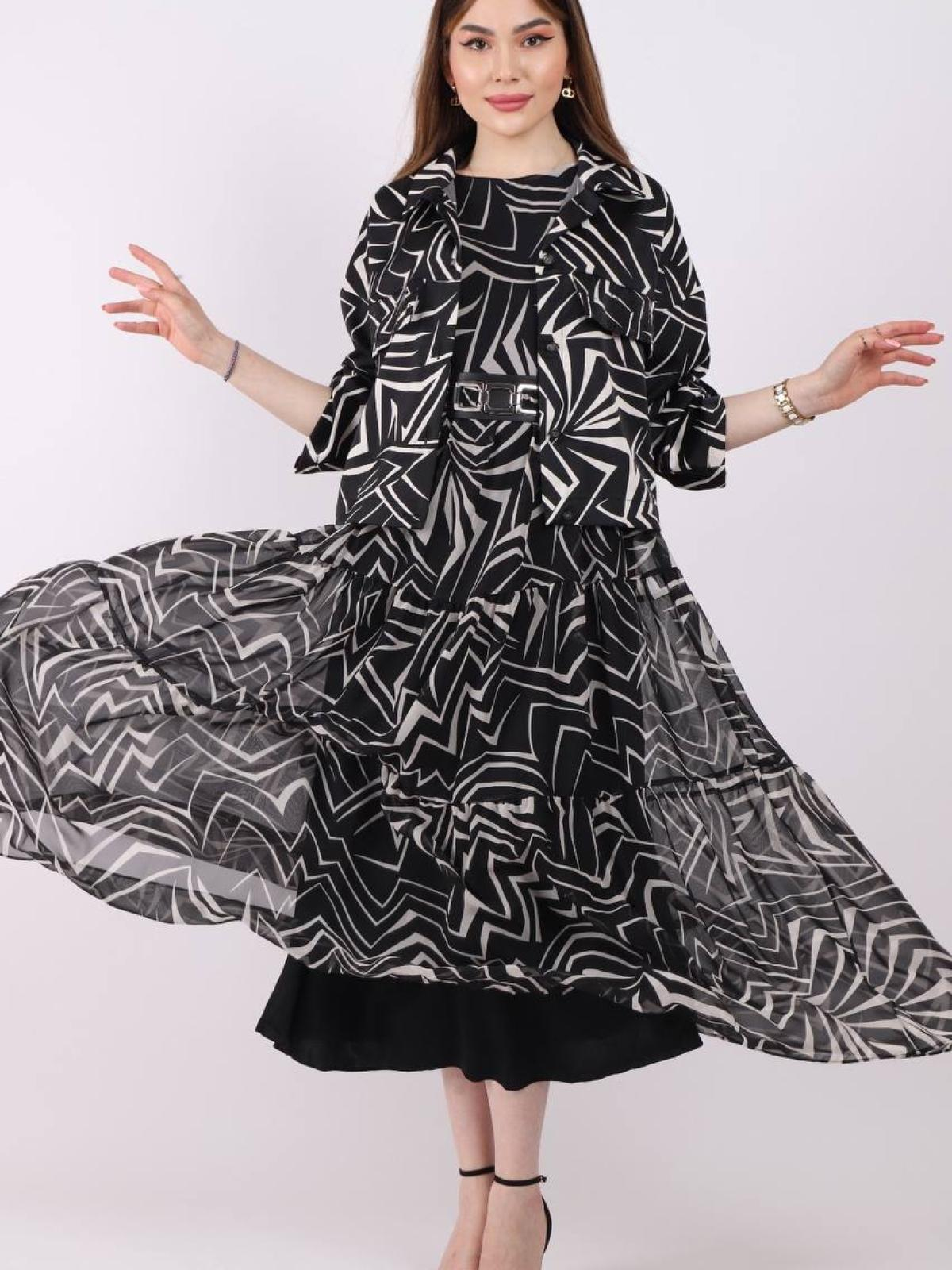 Women satin blazer and chiffon midi dress set wholesale Black color