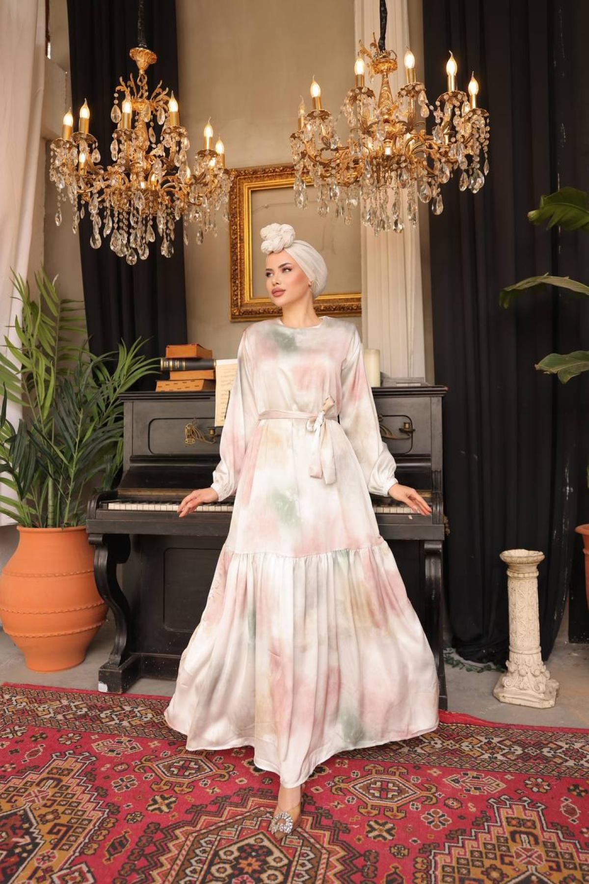 Women satin maxi dress patterned wholesale Powder color 693352