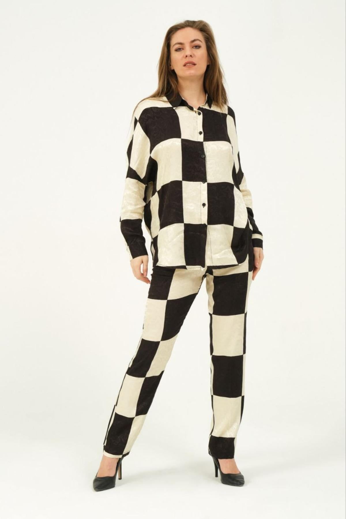 Women satin shirt and pants set plaid wholesale Black color 691572