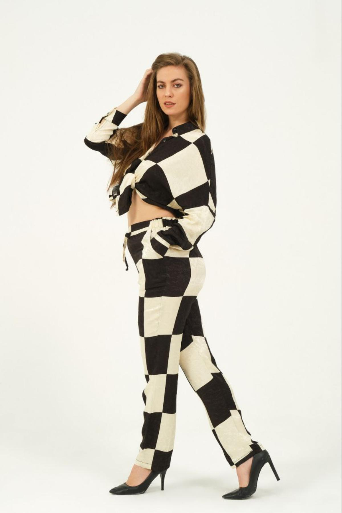 Women satin shirt and pants set plaid wholesale Black color 691572