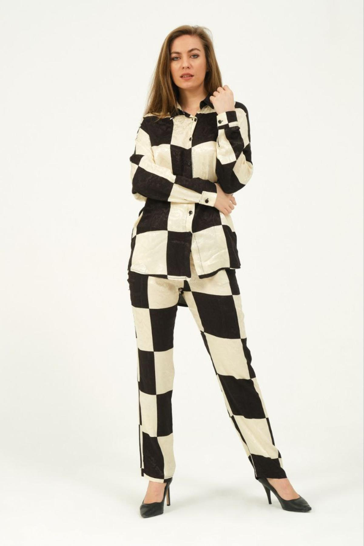 Women satin shirt and pants set plaid wholesale Black color 691572