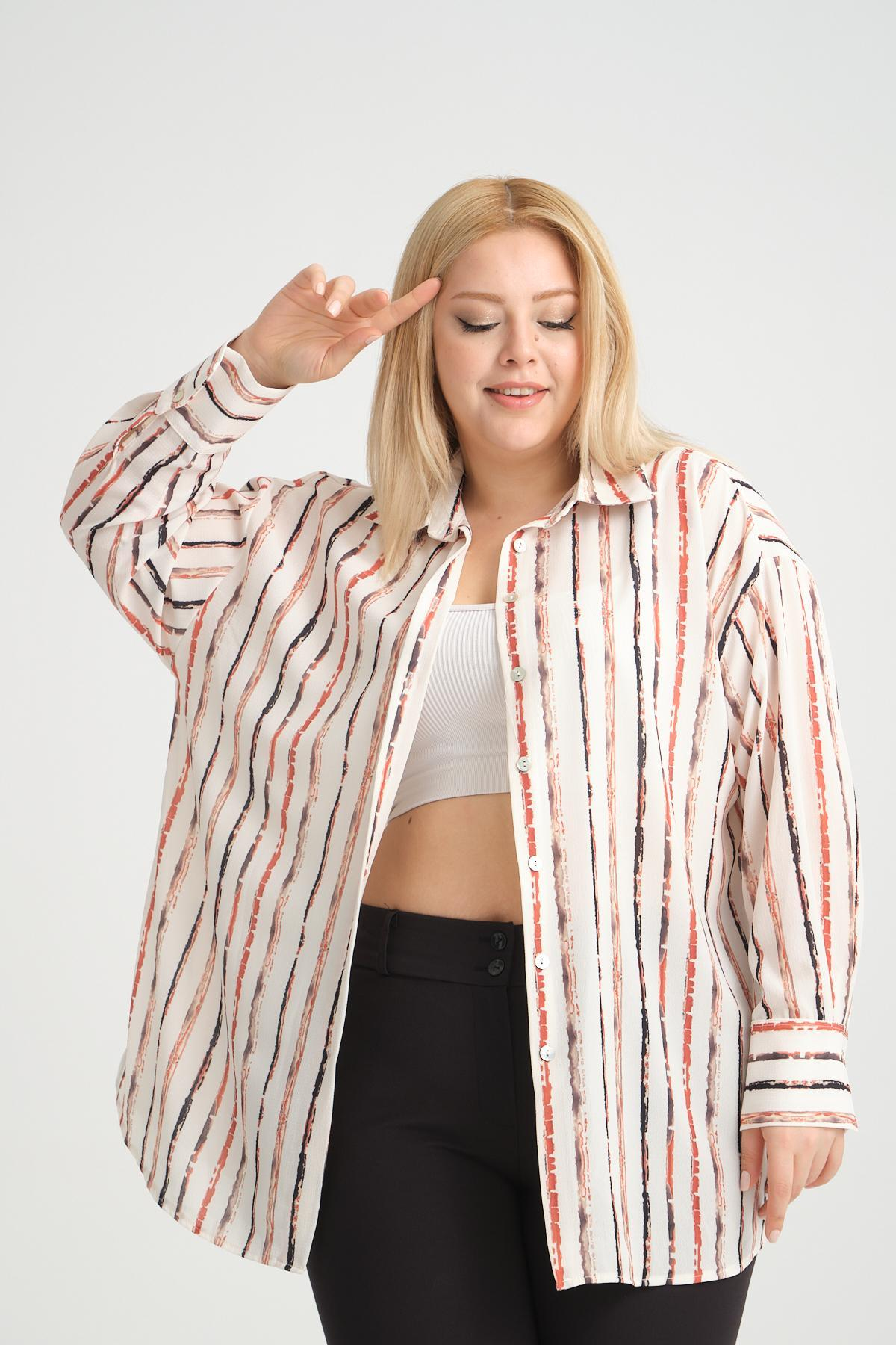 Women satin shirt striped Plus size wholesale Cream color 694074