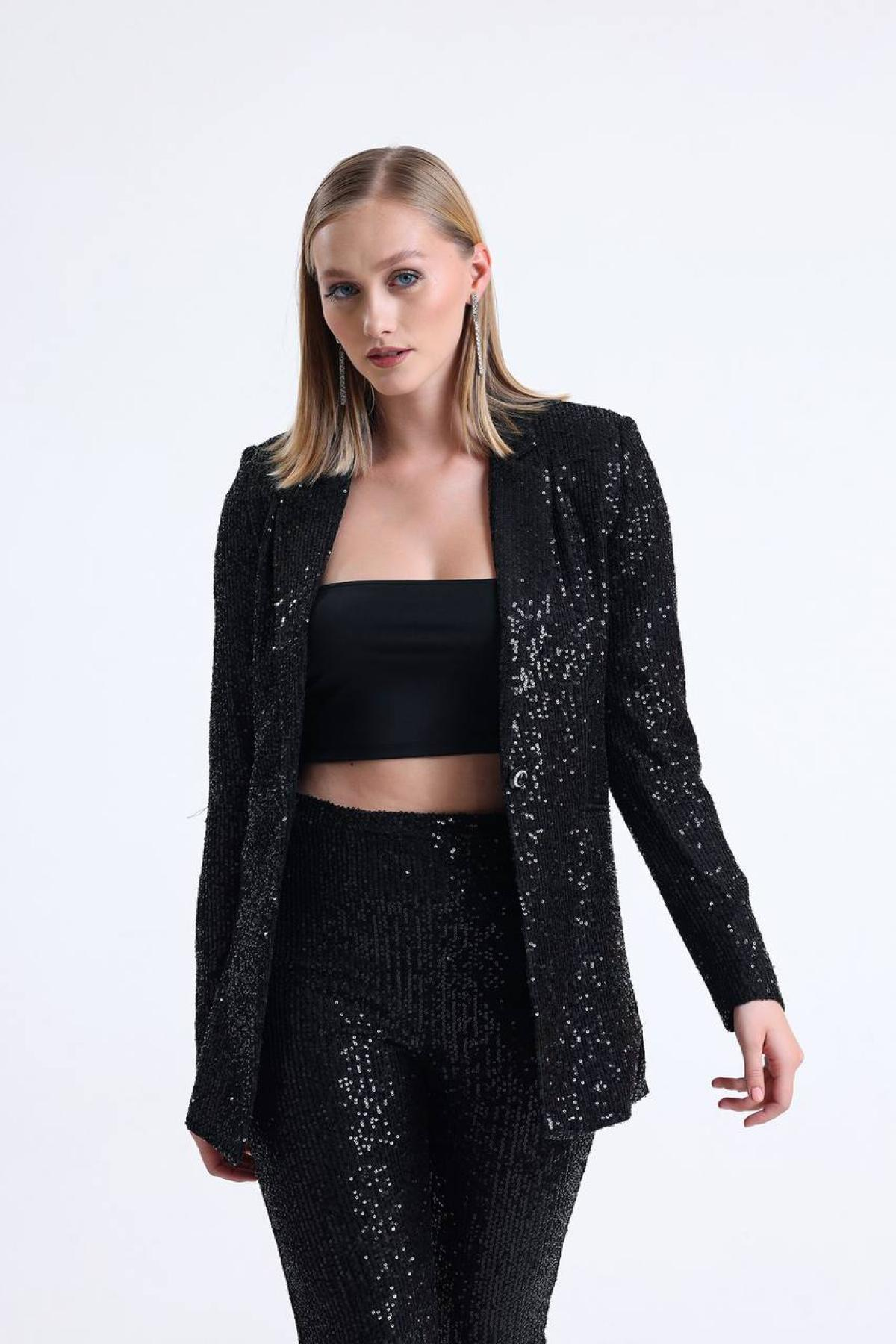 Women sequin blazer lined wholesale Black color 698830