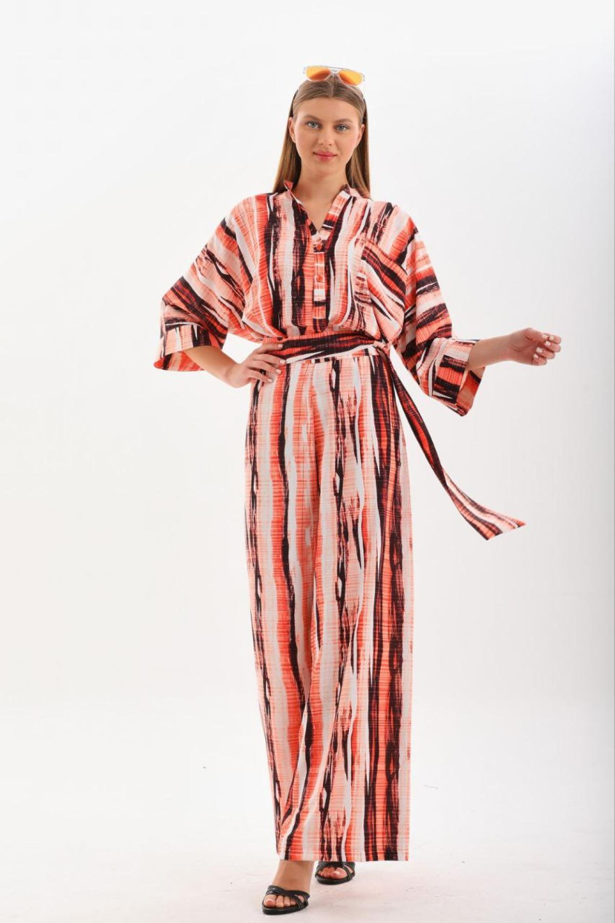 Women shirt and pants set patterned Plus size wholesale Coral color 691599