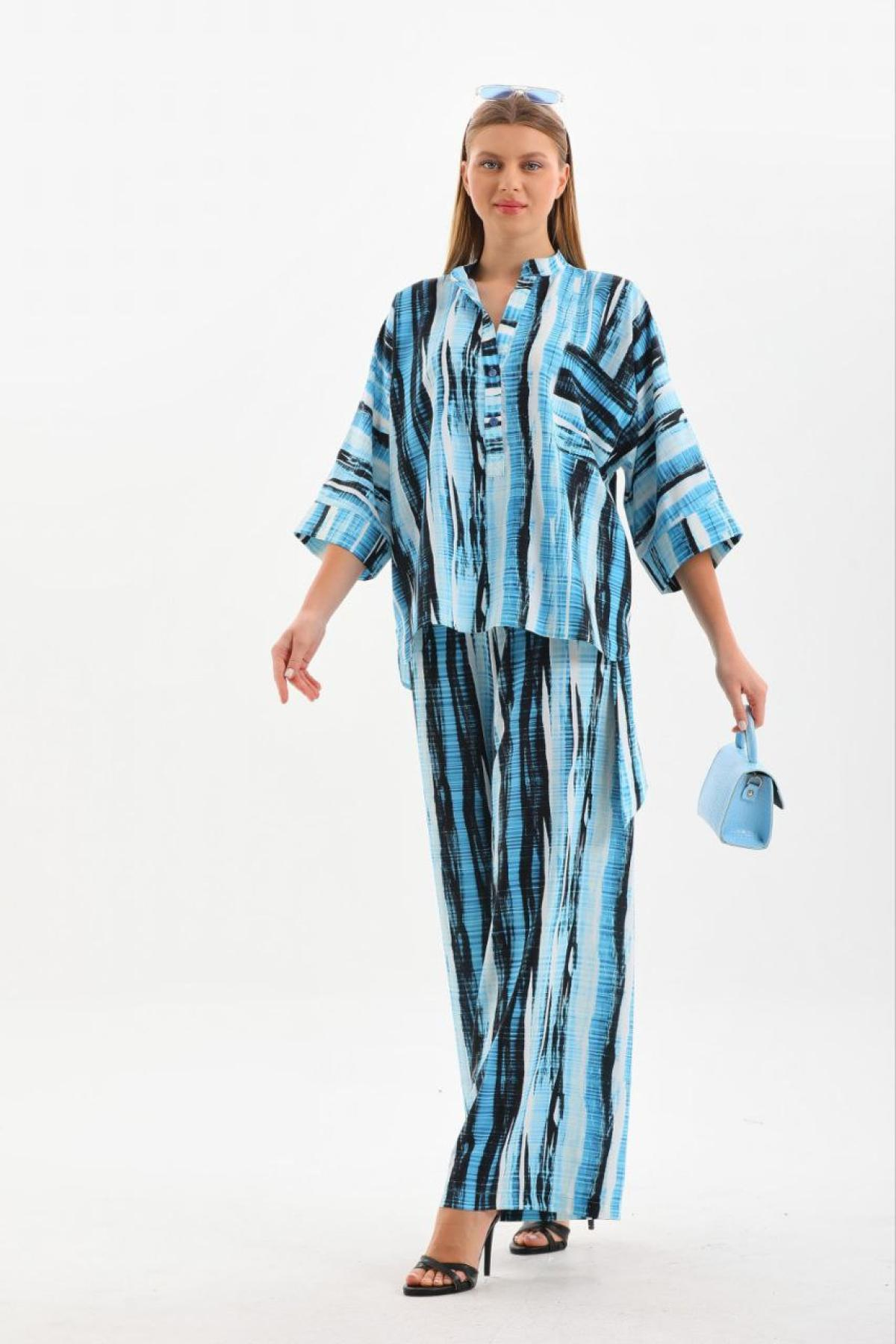 Women shirt and pants set patterned Plus size wholesale Sky Blue color 691600