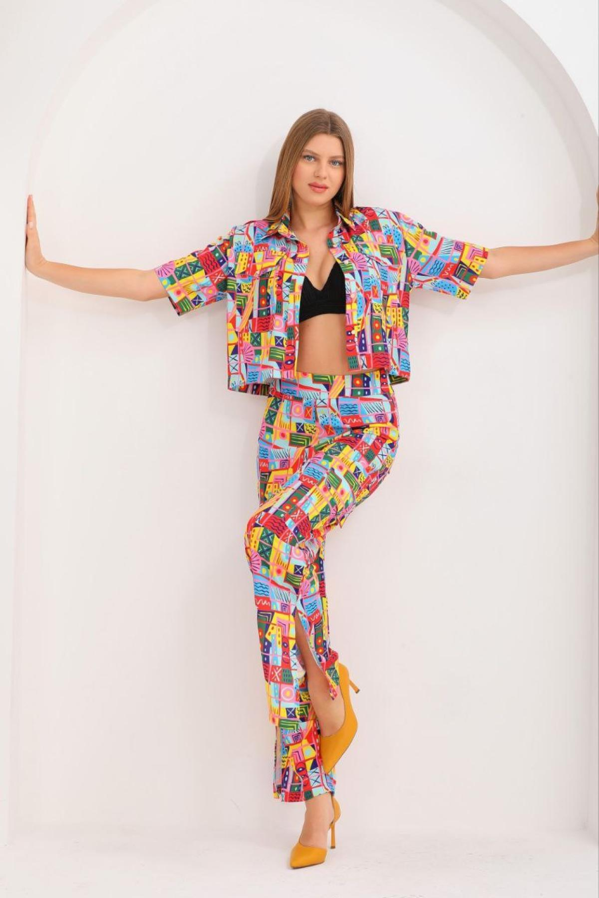 Women shirt and pants set patterned Plus size wholesale Blue color 691577