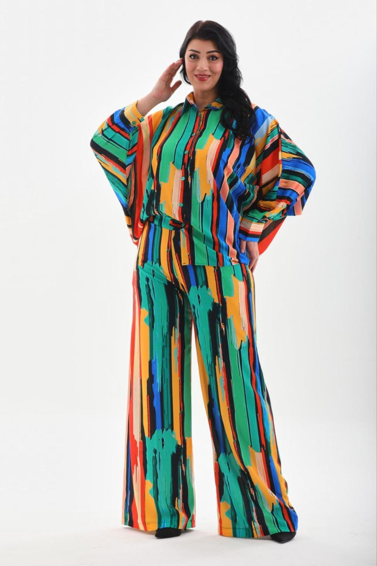 Women shirt and pants set patterned Plus size wholesale Green color 691541