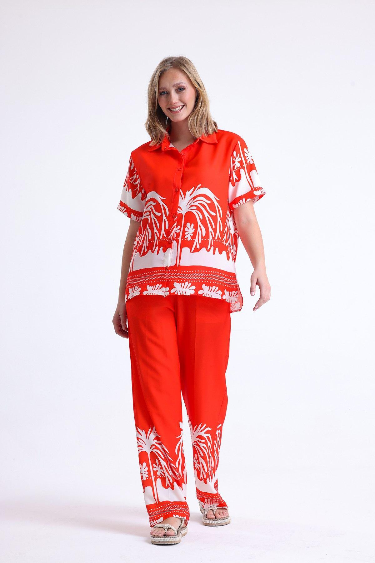 Women shirt and pants set patterned Plus size wholesale Red color 691531