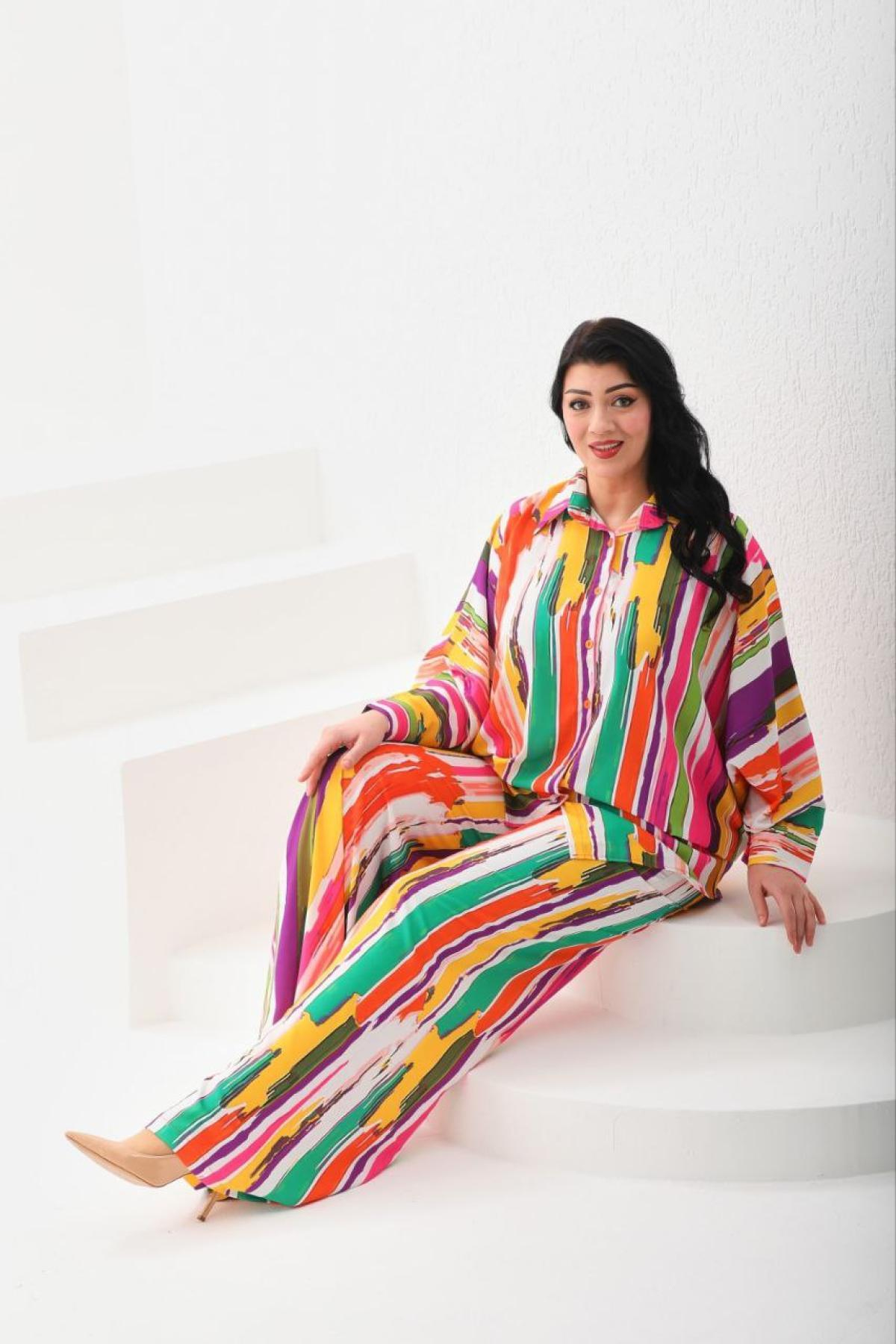 Women shirt and pants set patterned Plus size wholesale Yellow color 691540