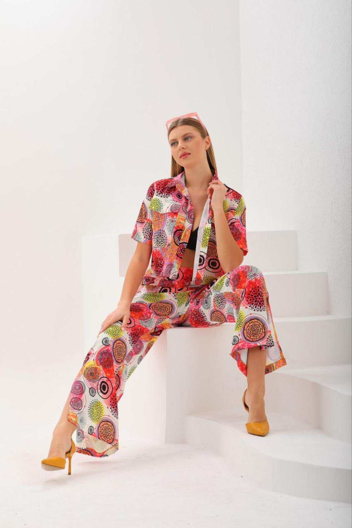 Women shirt and pants set patterned Plus size wholesale Fuchsia color 691578