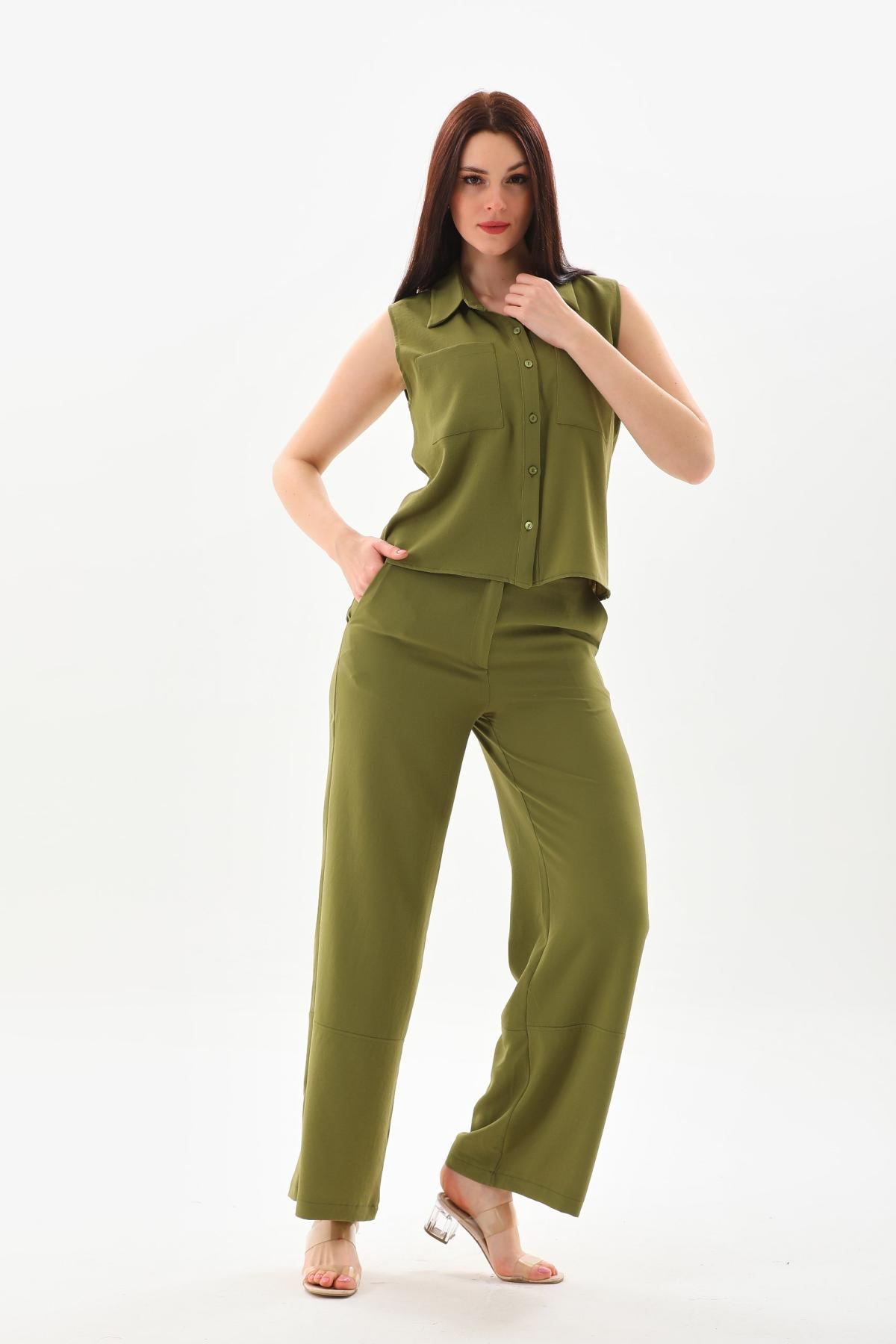 Women shirt and pants set Plus size wholesale Khaki color 691582