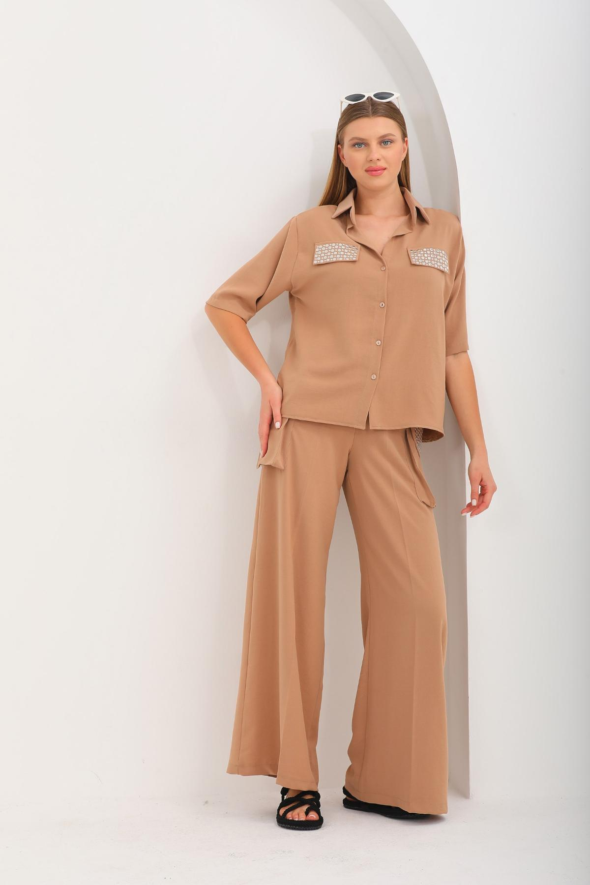 Women shirt and pants set wholesale Beige color 691519