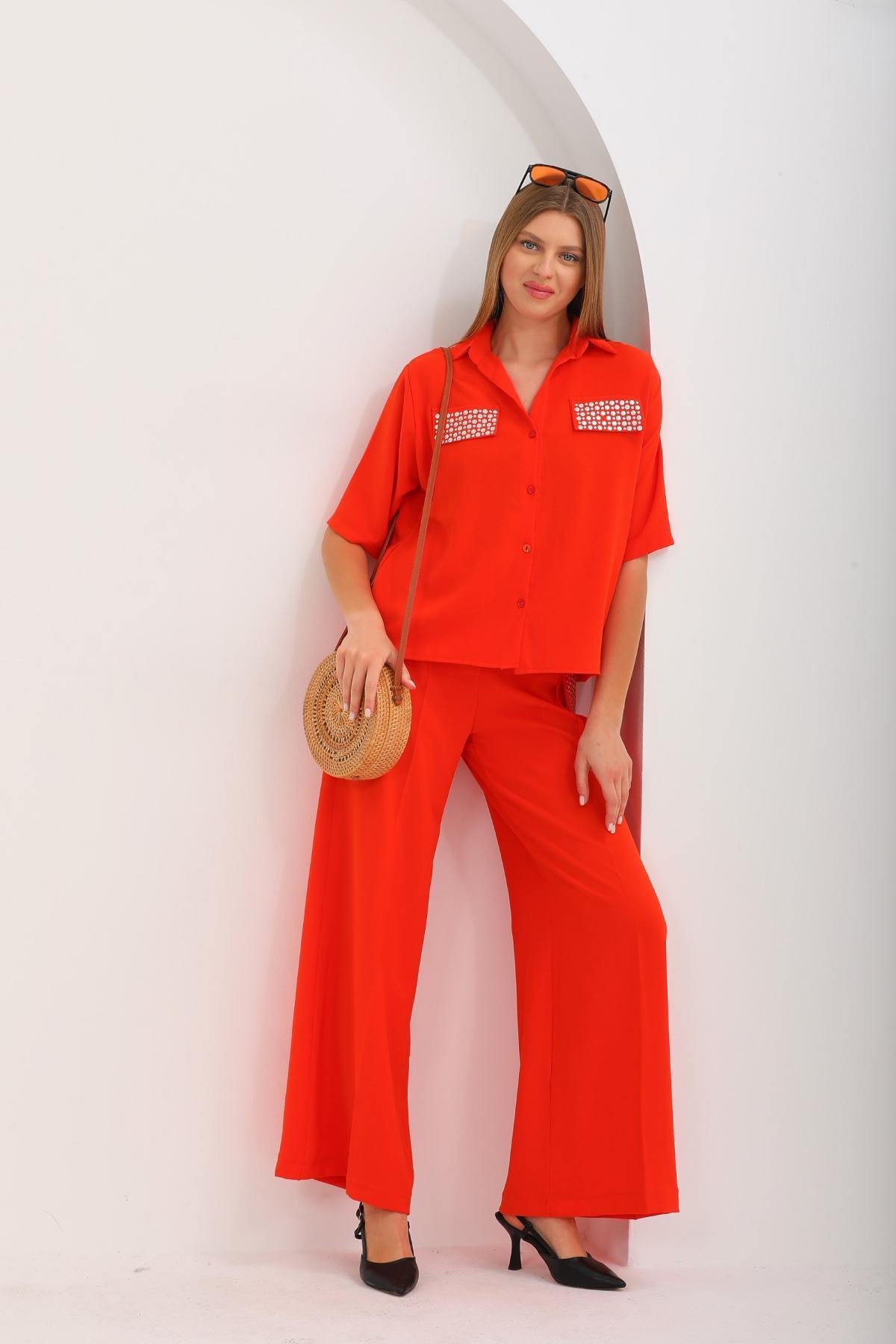 Women shirt and pants set wholesale Scarlet color 691521