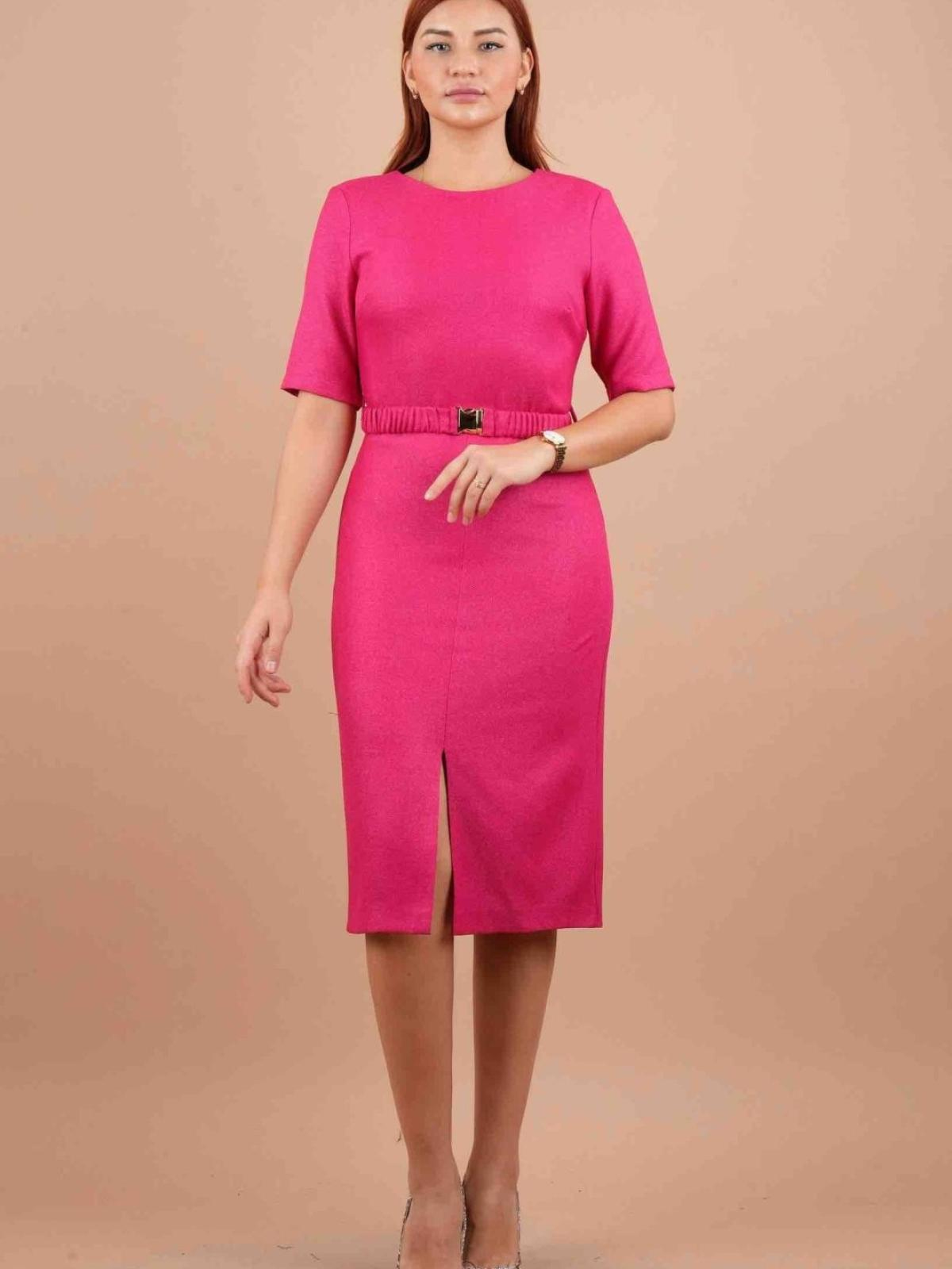 Women short-sleeve belted midi dress wholesale Barbie Pink color