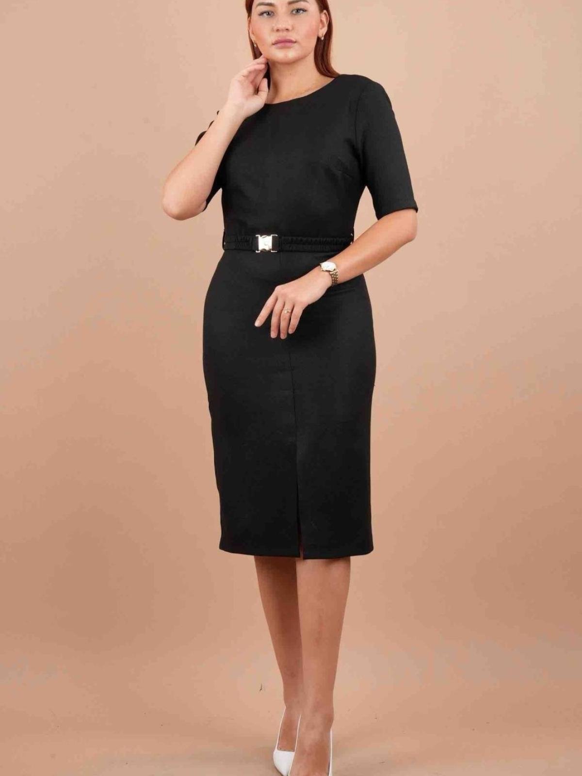 Women short-sleeve belted midi dress wholesale Black color