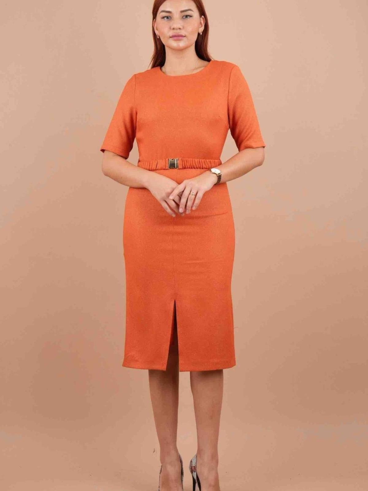 Women short-sleeve belted midi dress wholesale Orange color