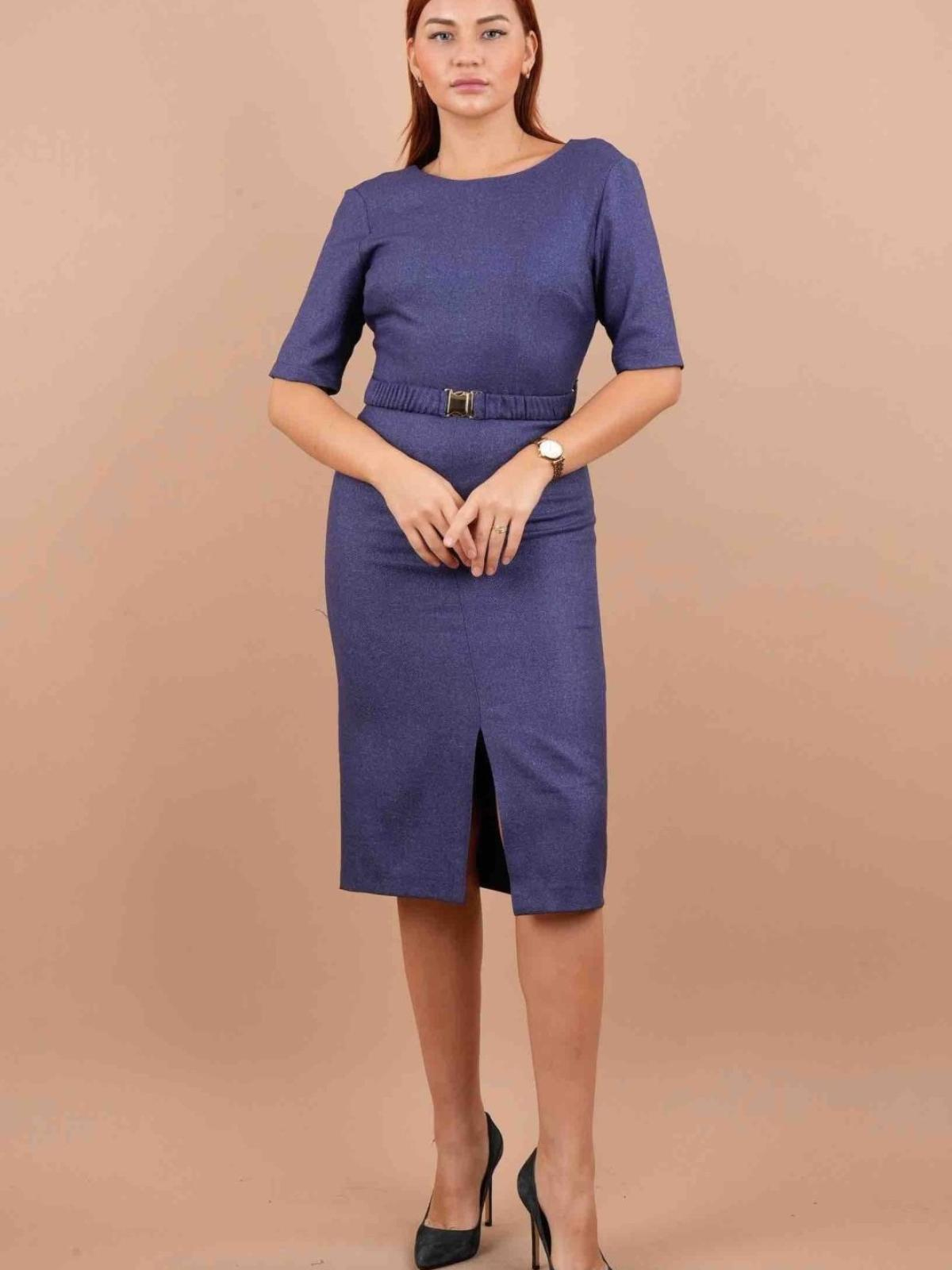 Women short-sleeve belted midi dress wholesale Royal Blue color