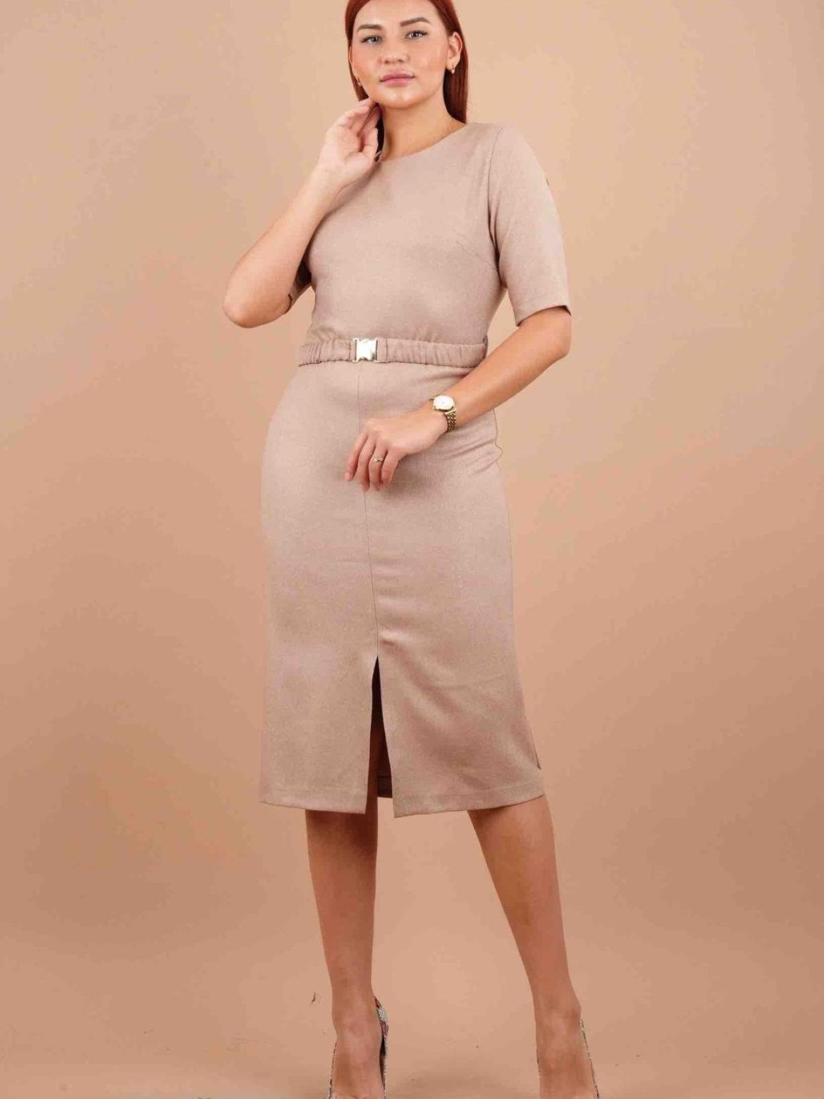Women short-sleeve belted midi dress wholesale Beige color