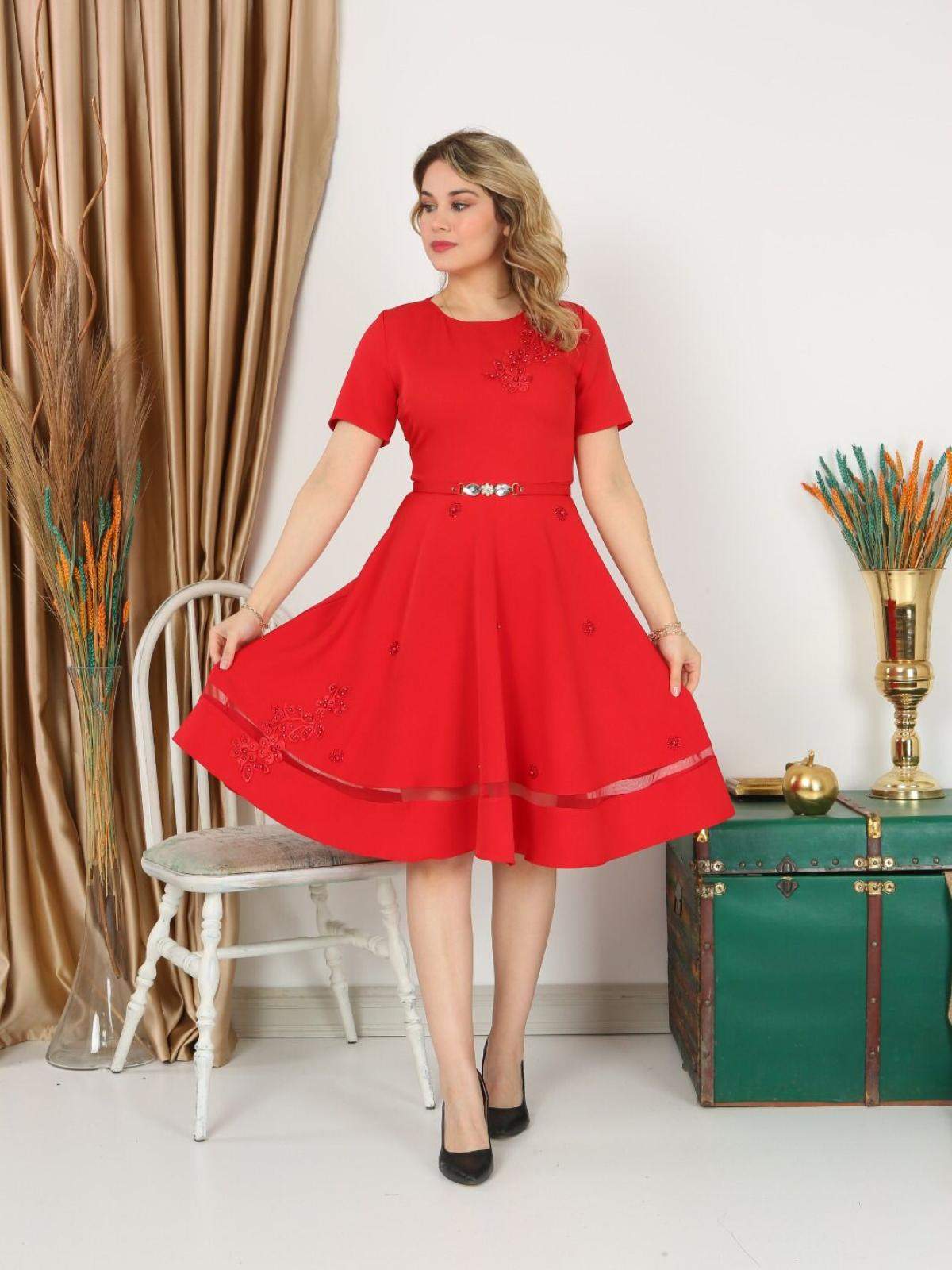 Women short-sleeve midi dress with belt wholesale Red color 668932