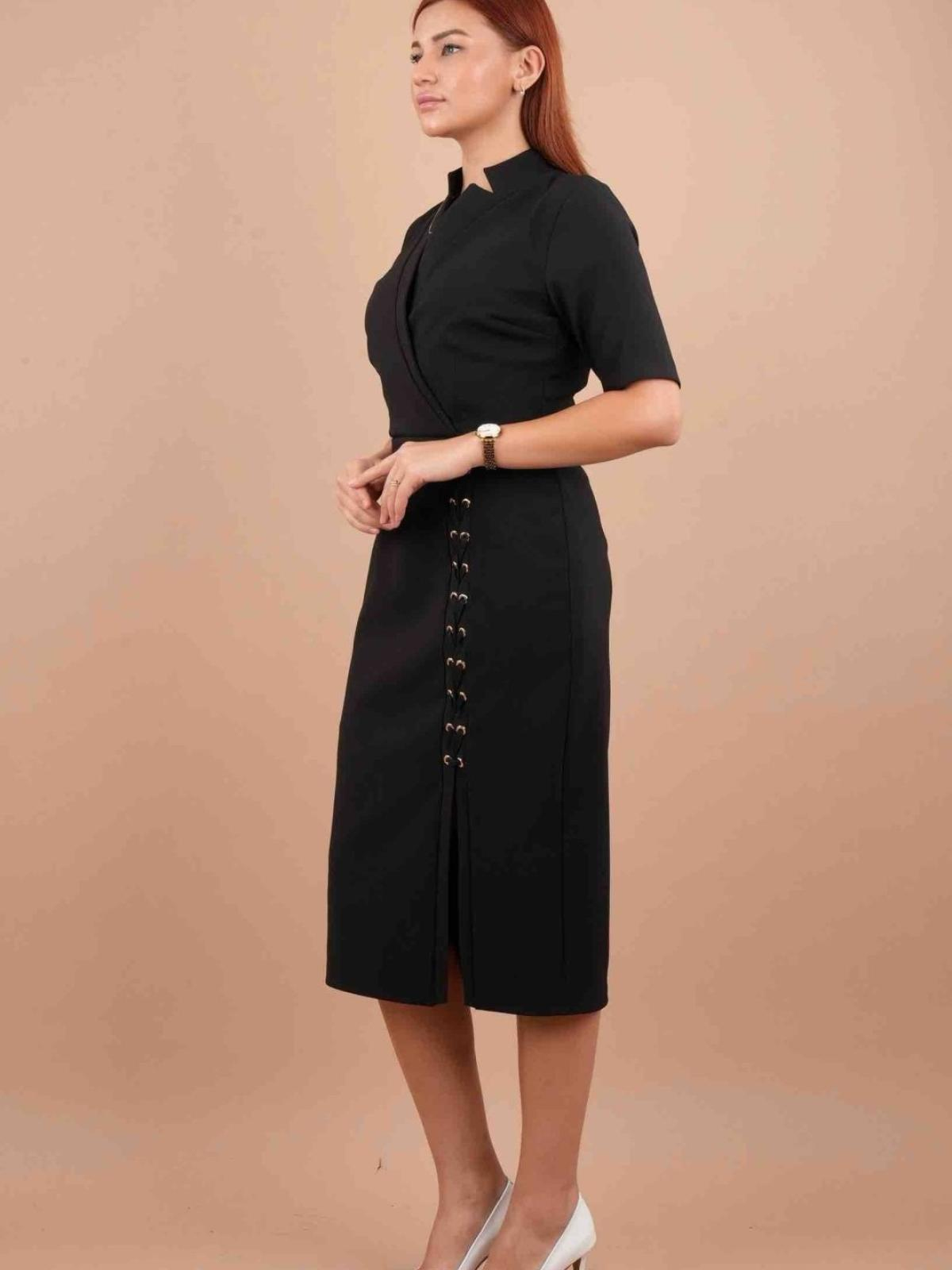 Women short-sleeve midi wrap dress wholesale Black color