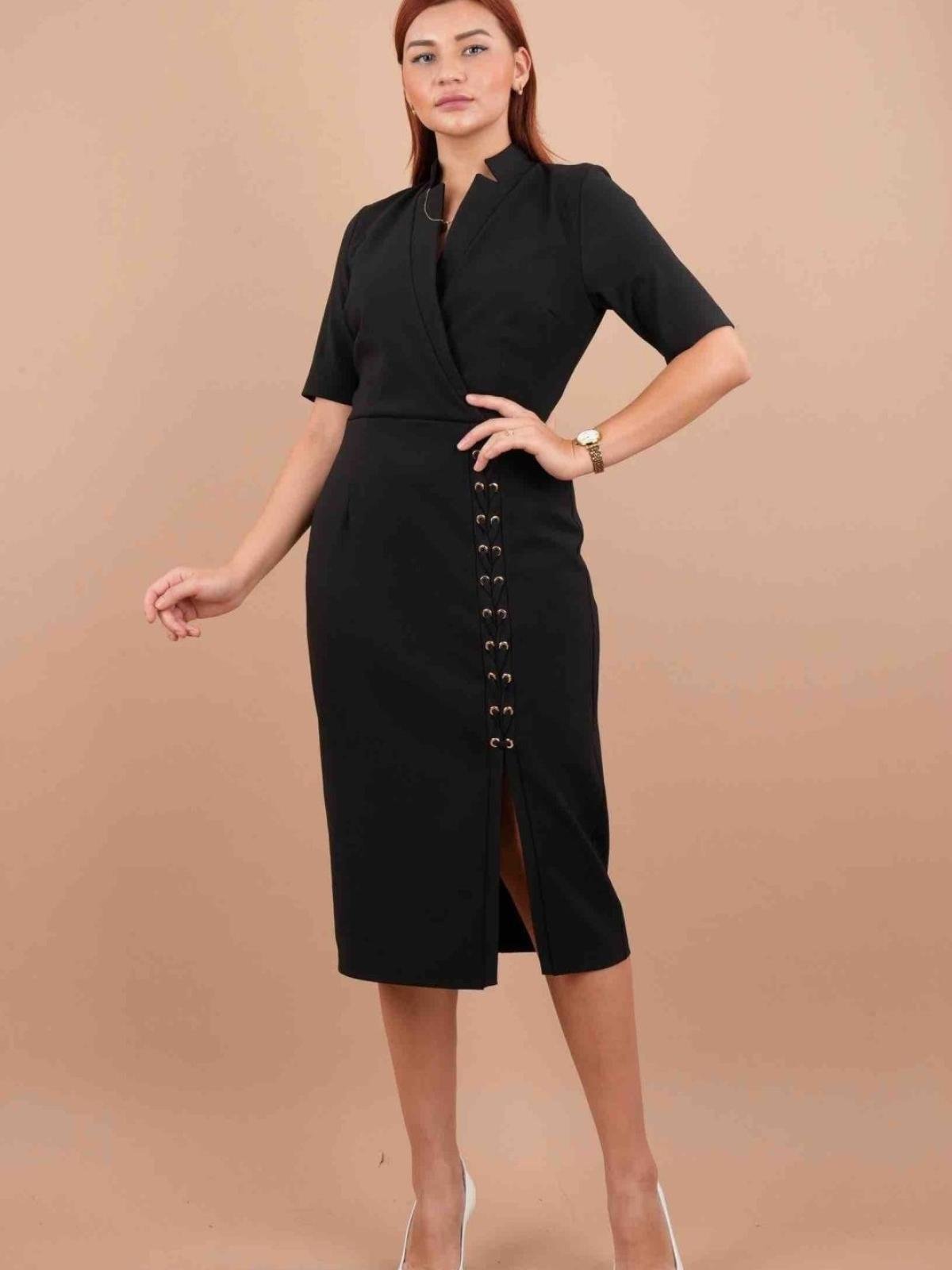 Women short-sleeve midi wrap dress wholesale Black color