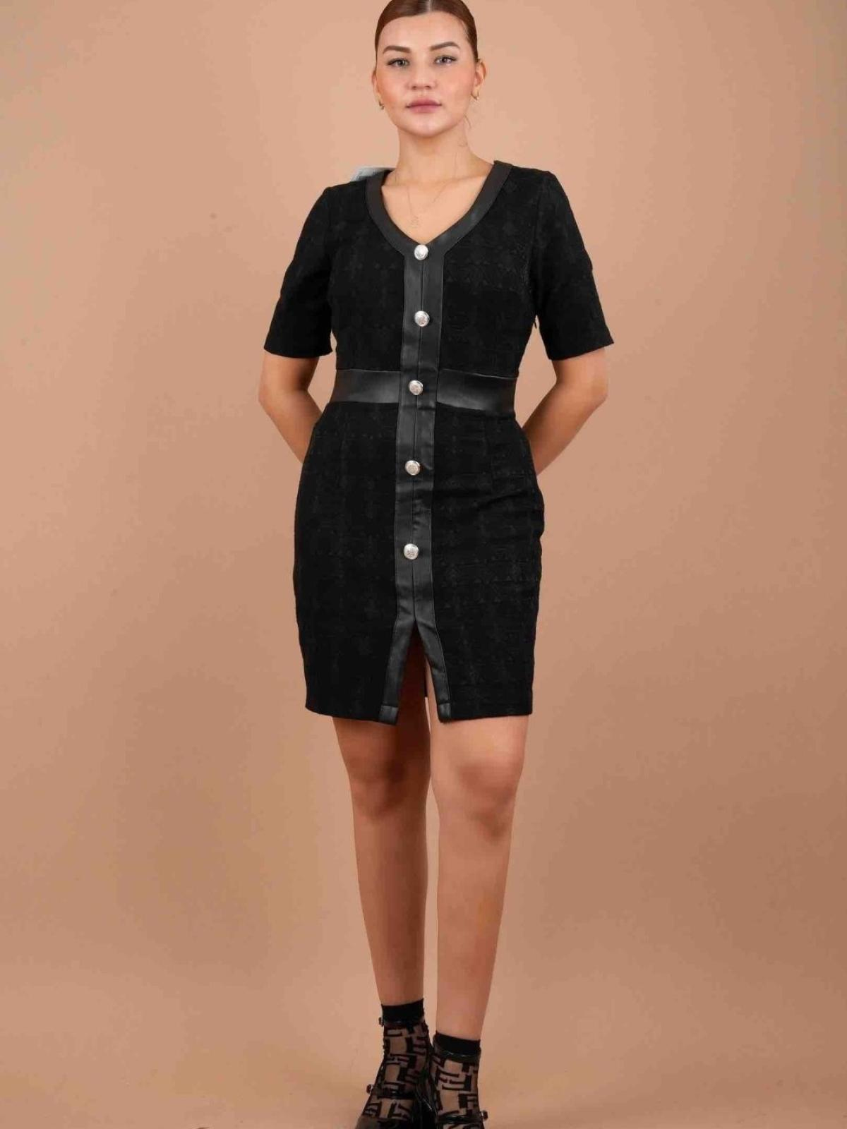 Women short-sleeve mini dress with buttons wholesale Black color 669276