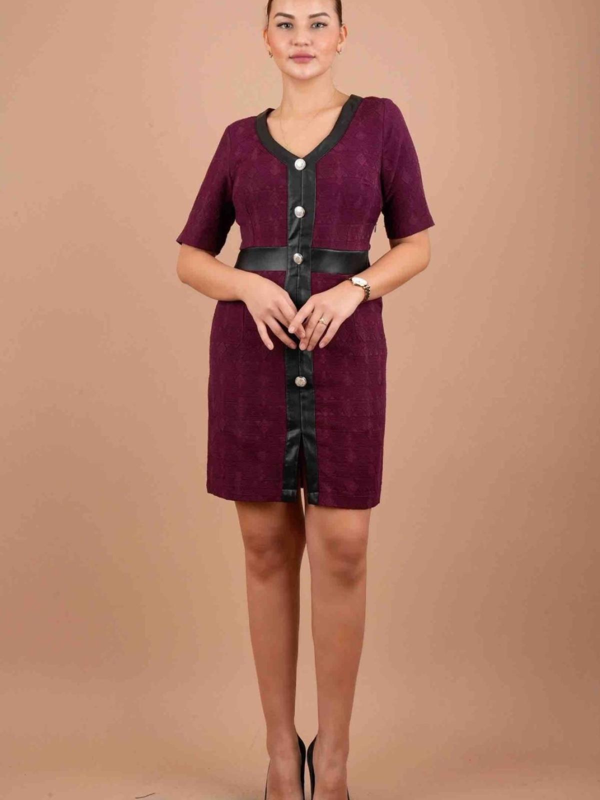 Women short-sleeve mini dress with buttons wholesale Burgundy color 669277