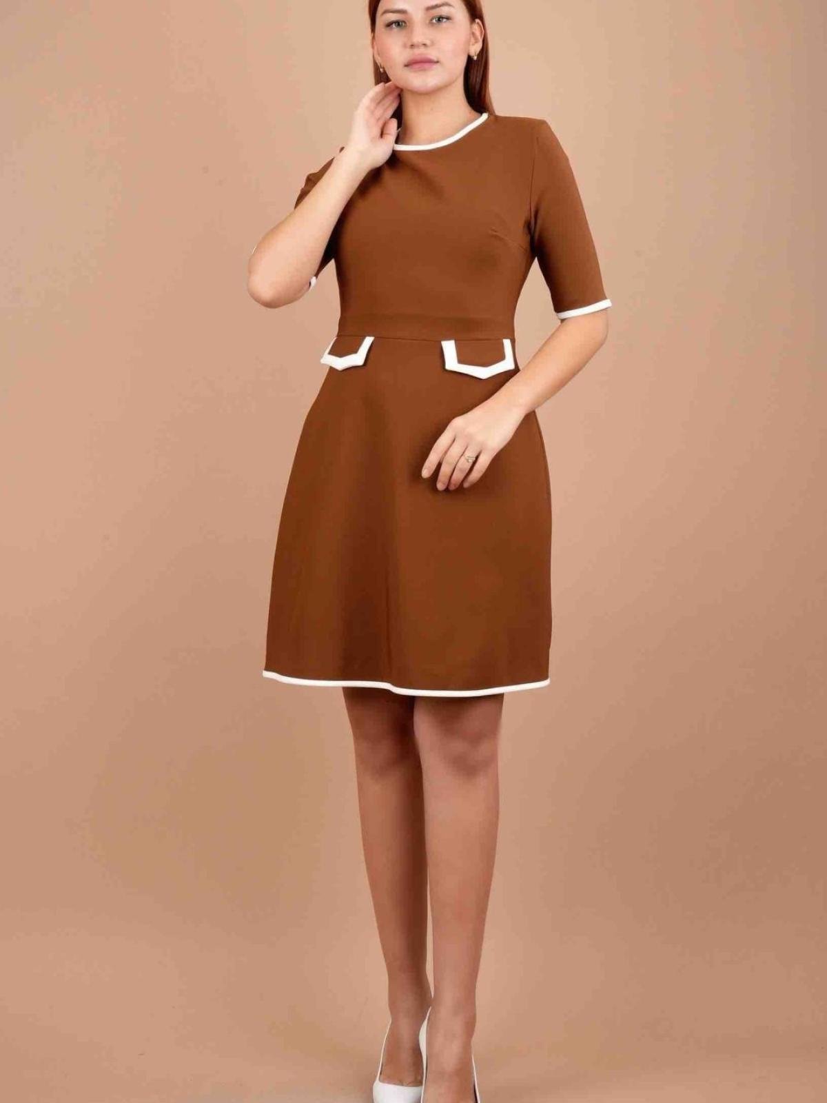 Women short-sleeve mini dress with fake pockets wholesale Brown color 669295