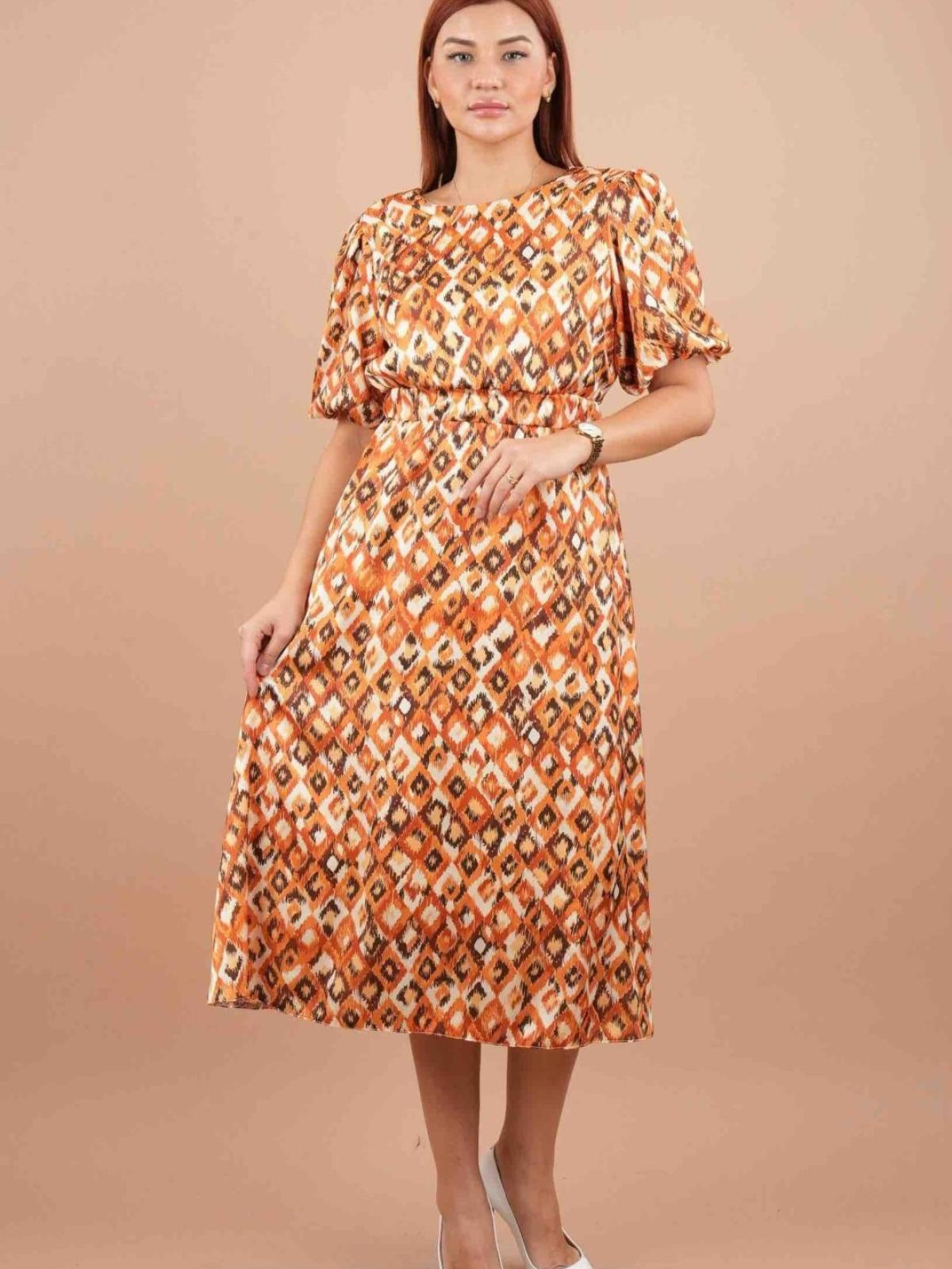 Women short-sleeve patterned midi dress wholesale Orange color