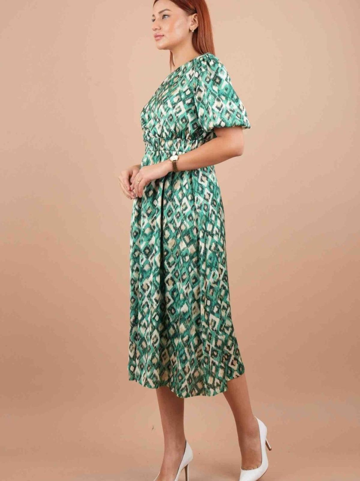 Women short-sleeve patterned midi dress wholesale Green color