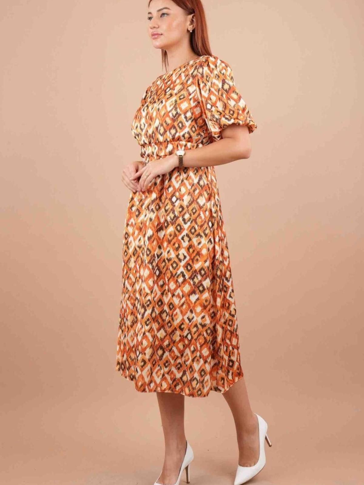 Women short-sleeve patterned midi dress wholesale Orange color