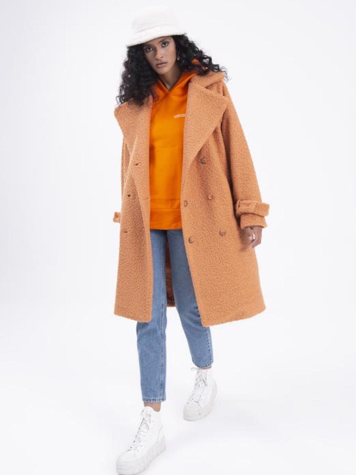 Women six-button curly coat wholesale Peach color 677856