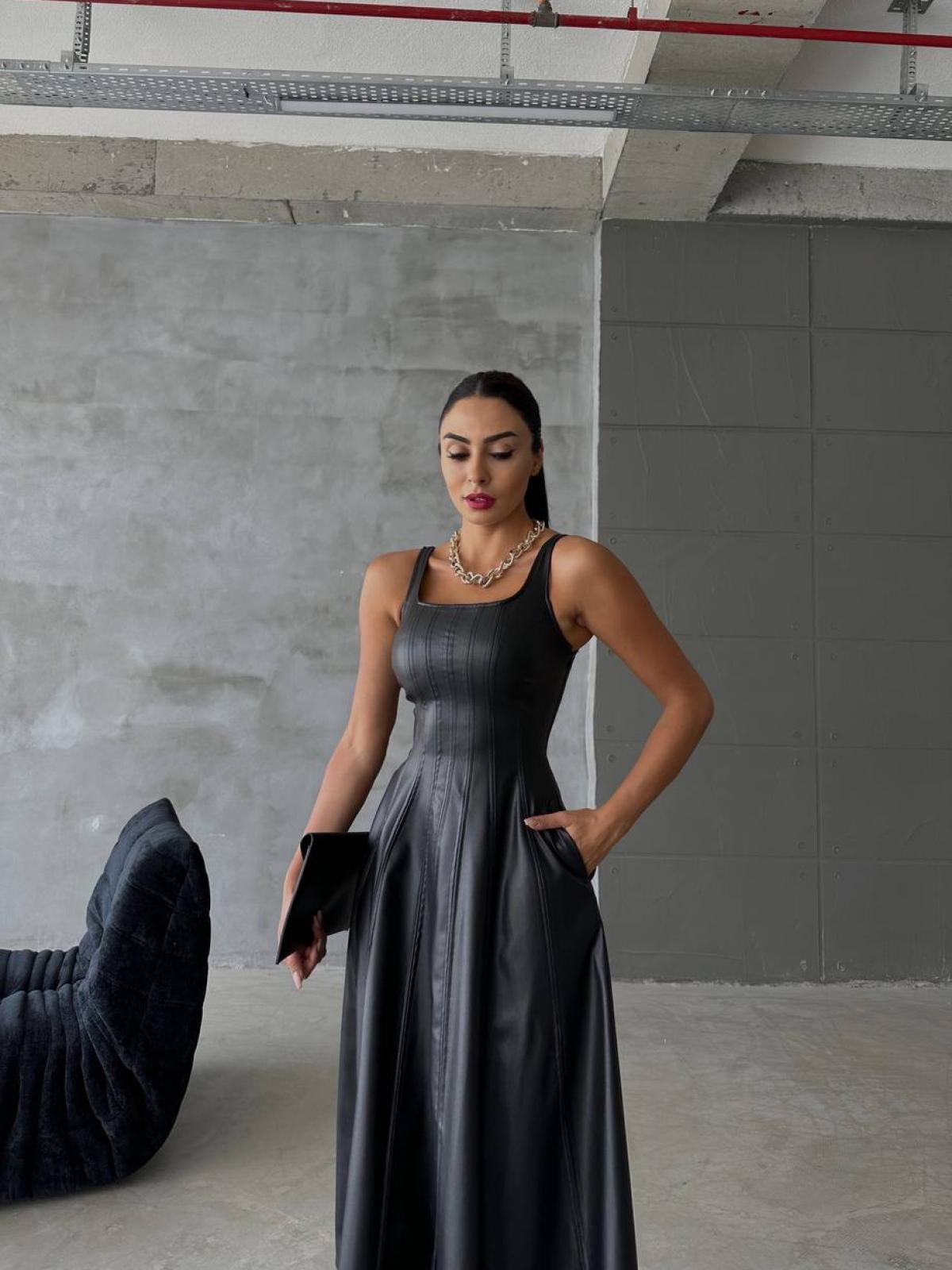Women sleeveless leather midi dress wholesale Black color