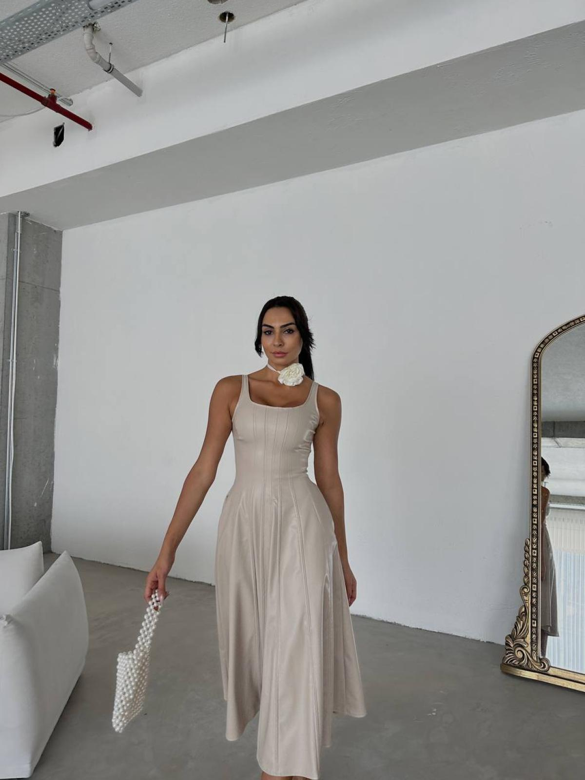 Women sleeveless leather midi dress wholesale Cream color