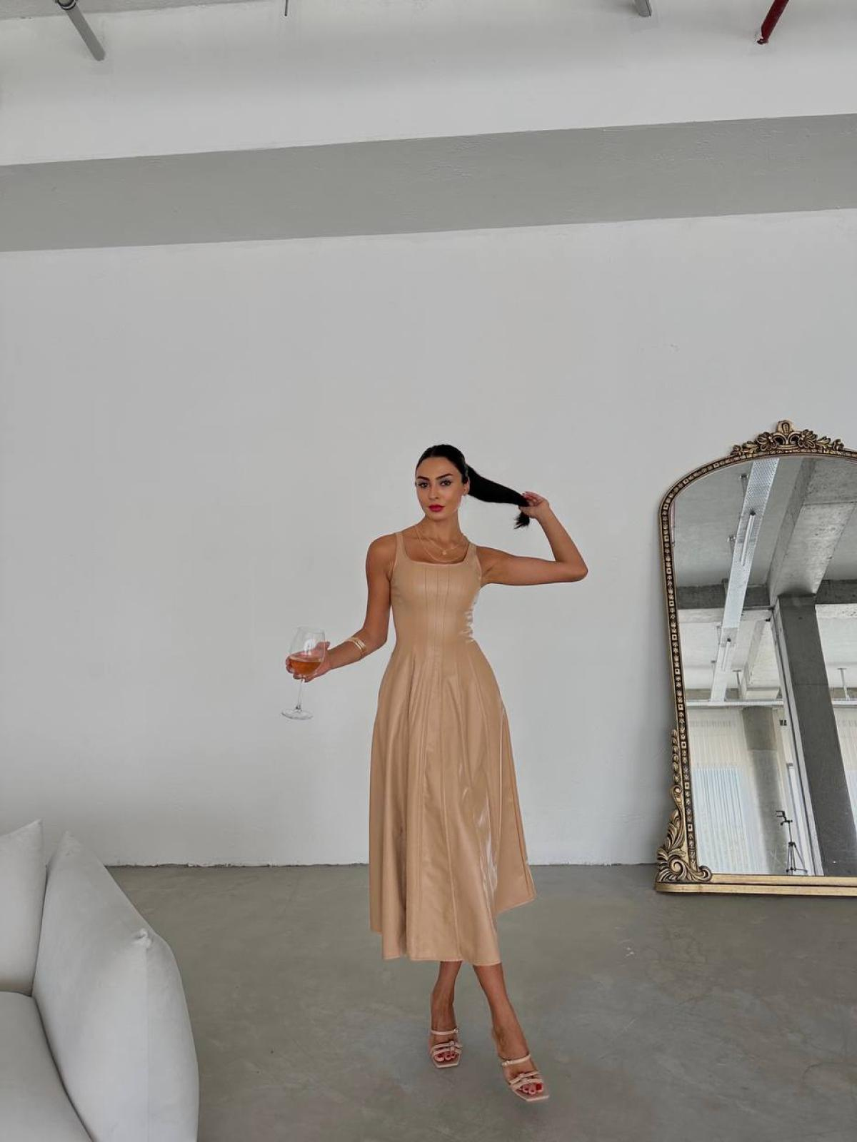 Women sleeveless leather midi dress wholesale Beige color