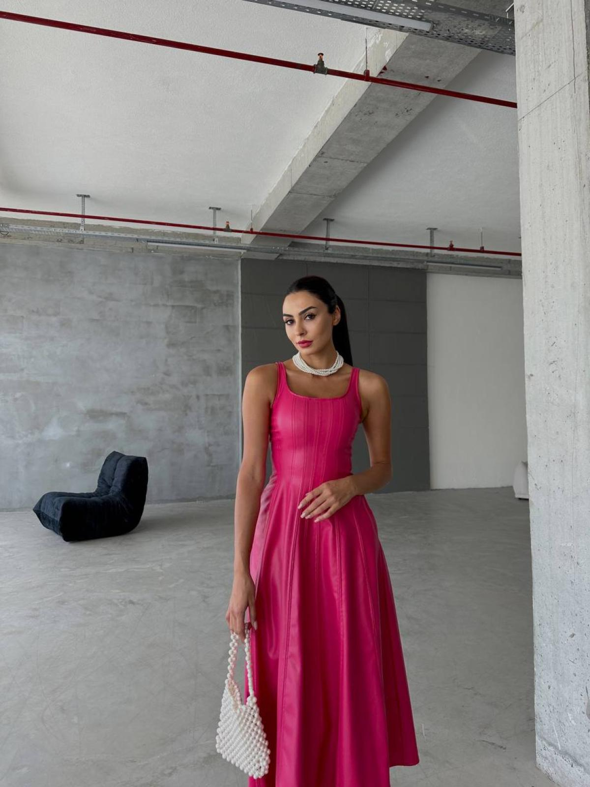 Women sleeveless leather midi dress wholesale Barbie Pink color