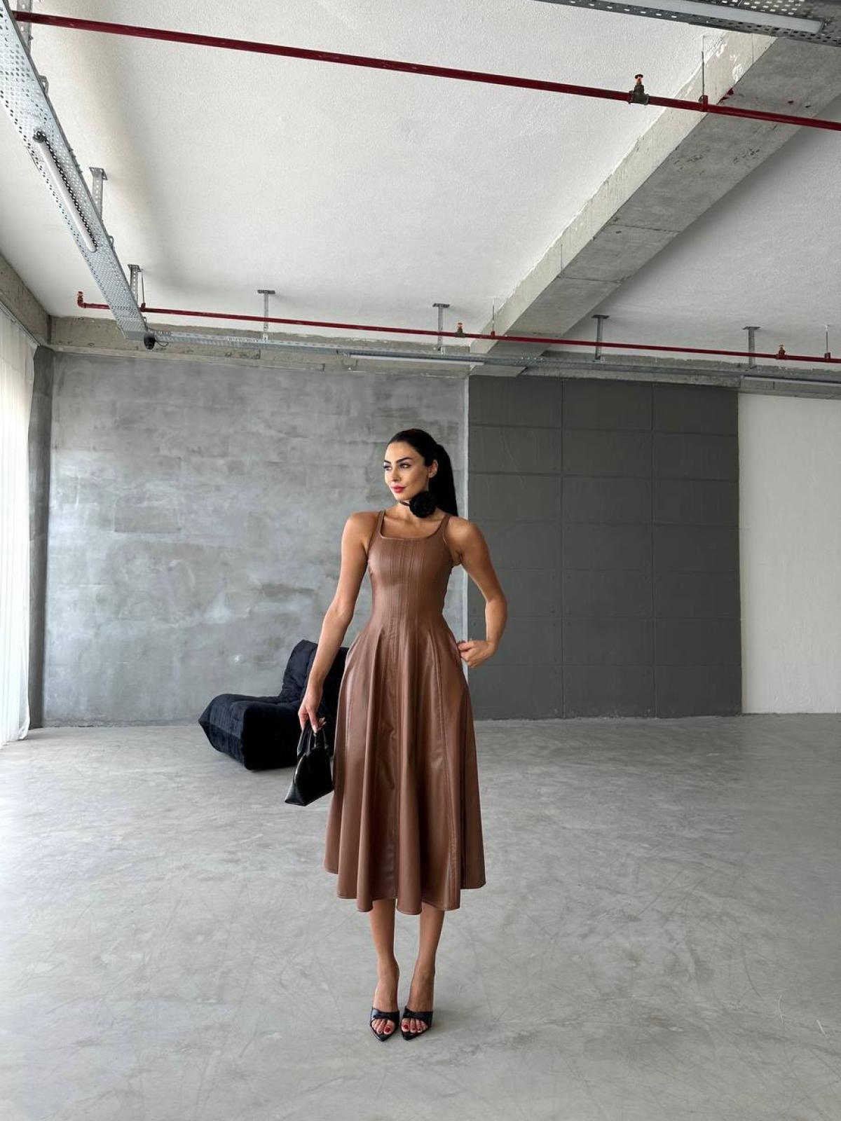 Women sleeveless leather midi dress wholesale Brown color