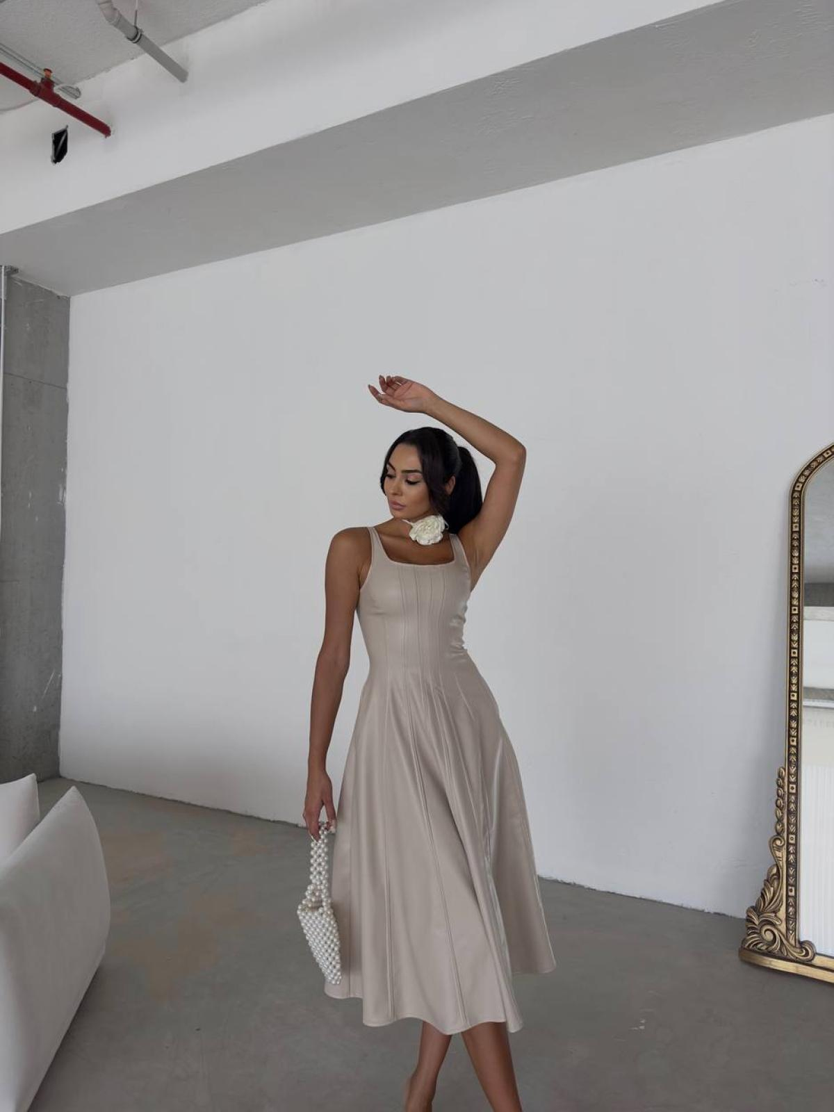 Women sleeveless leather midi dress wholesale Cream color