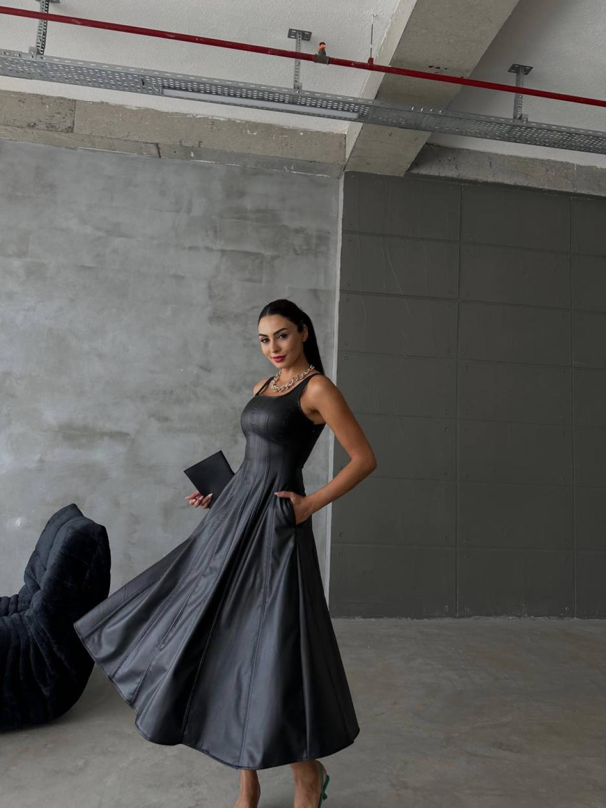 Women sleeveless leather midi dress wholesale Black color