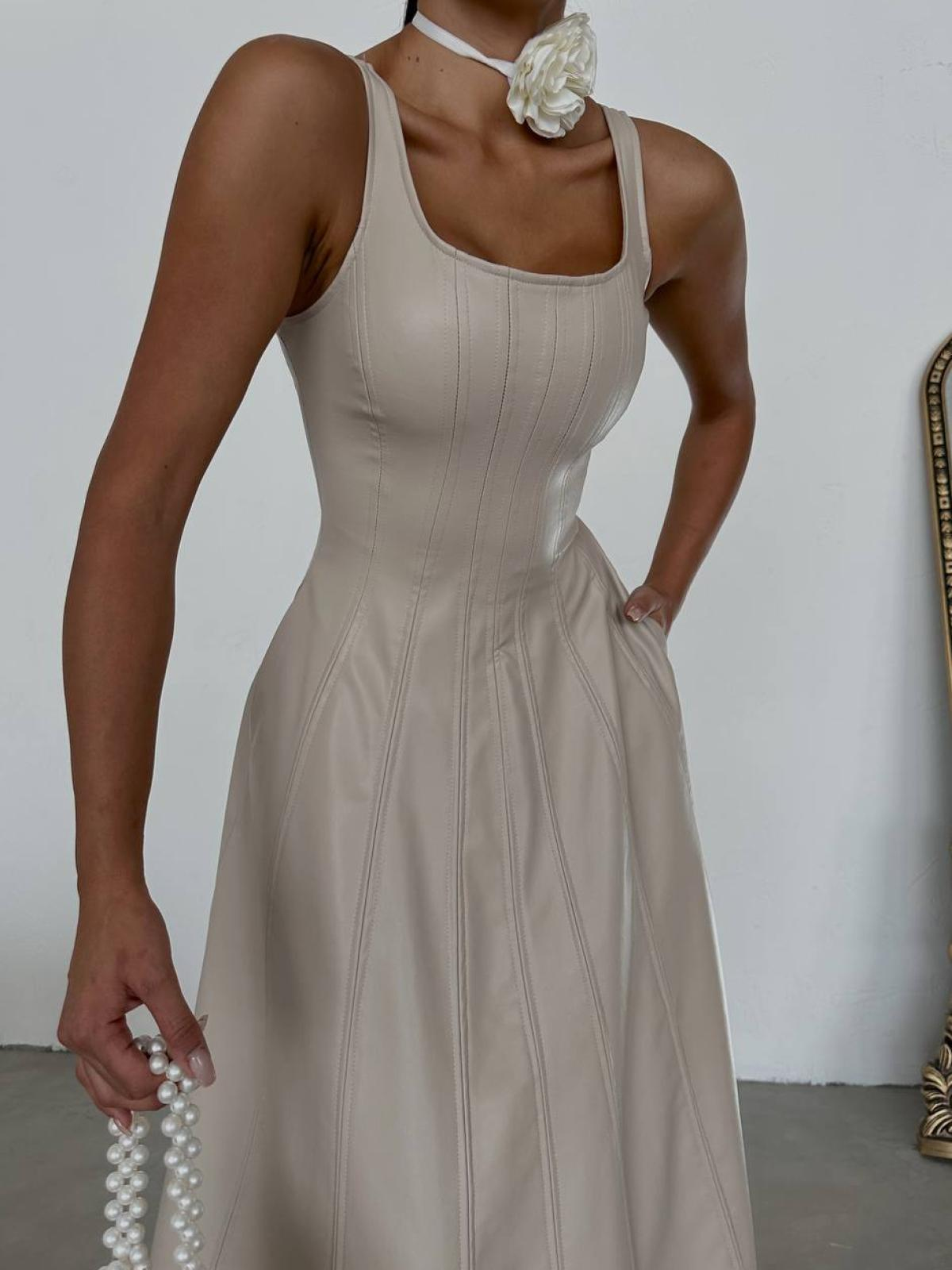 Women sleeveless leather midi dress wholesale Cream color