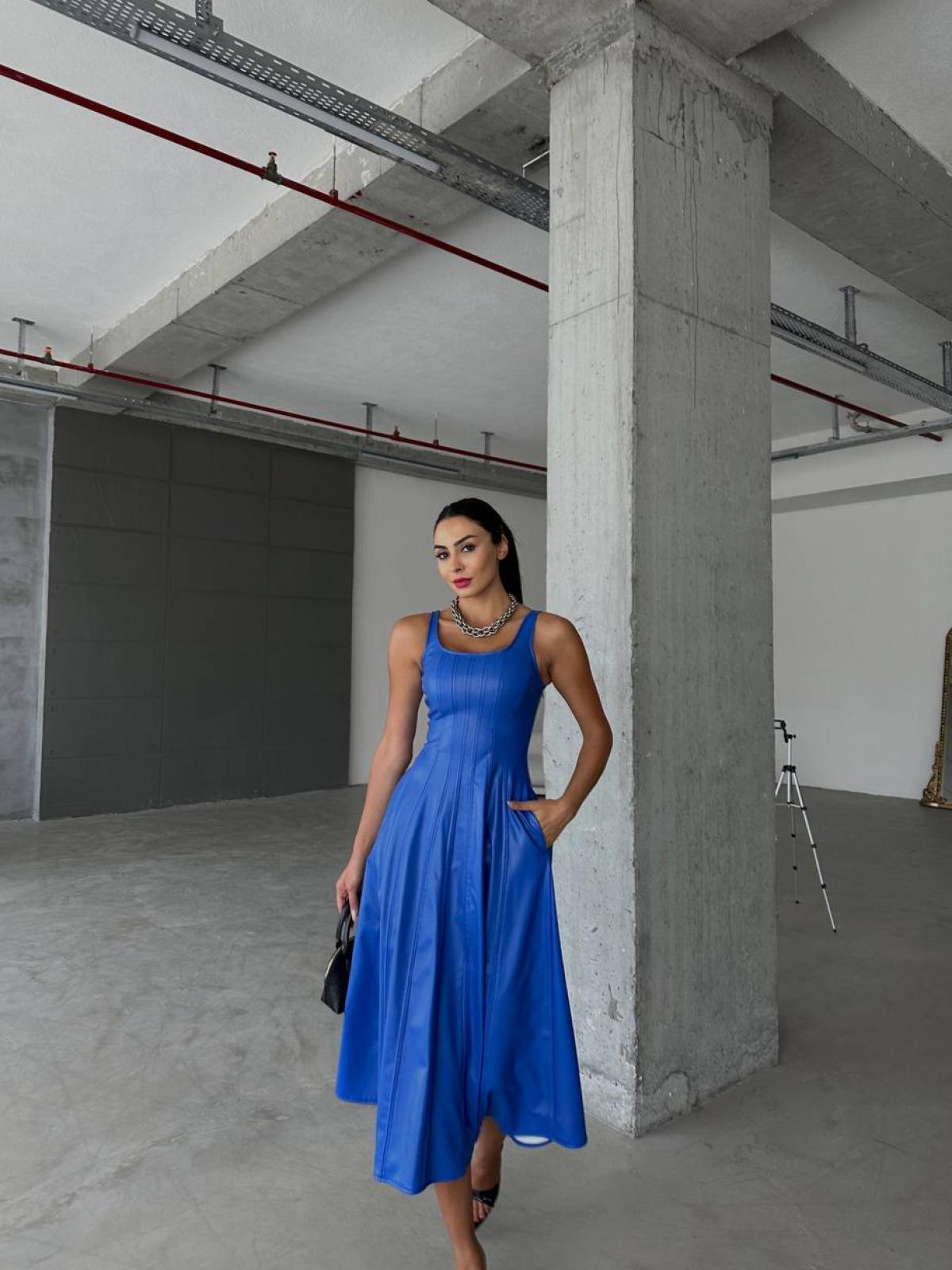 Women sleeveless leather midi dress wholesale Blue color