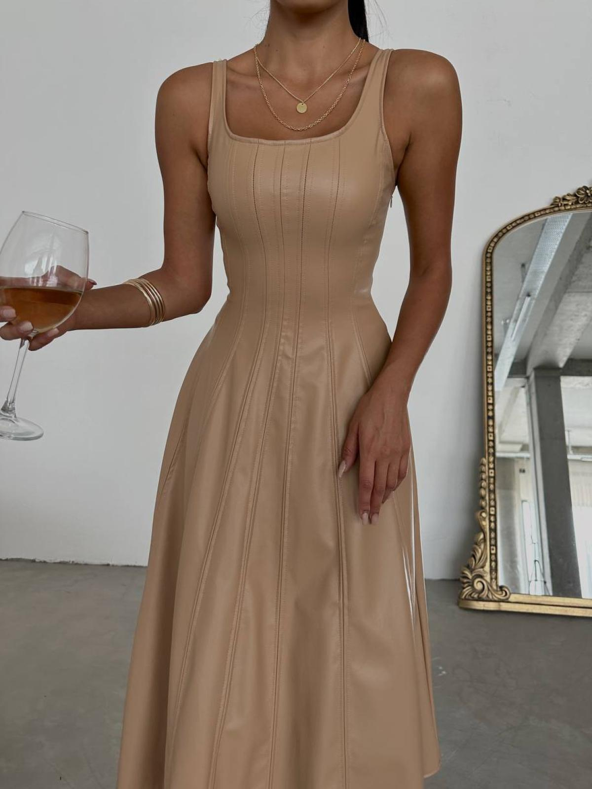 Women sleeveless leather midi dress wholesale Beige color