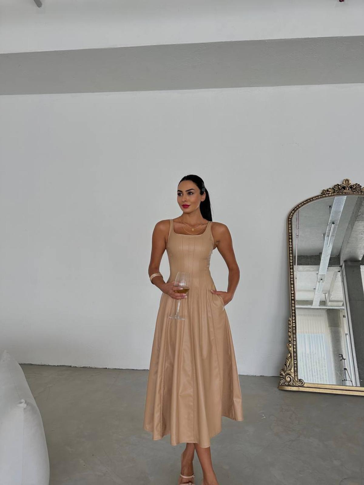 Women sleeveless leather midi dress wholesale Beige color