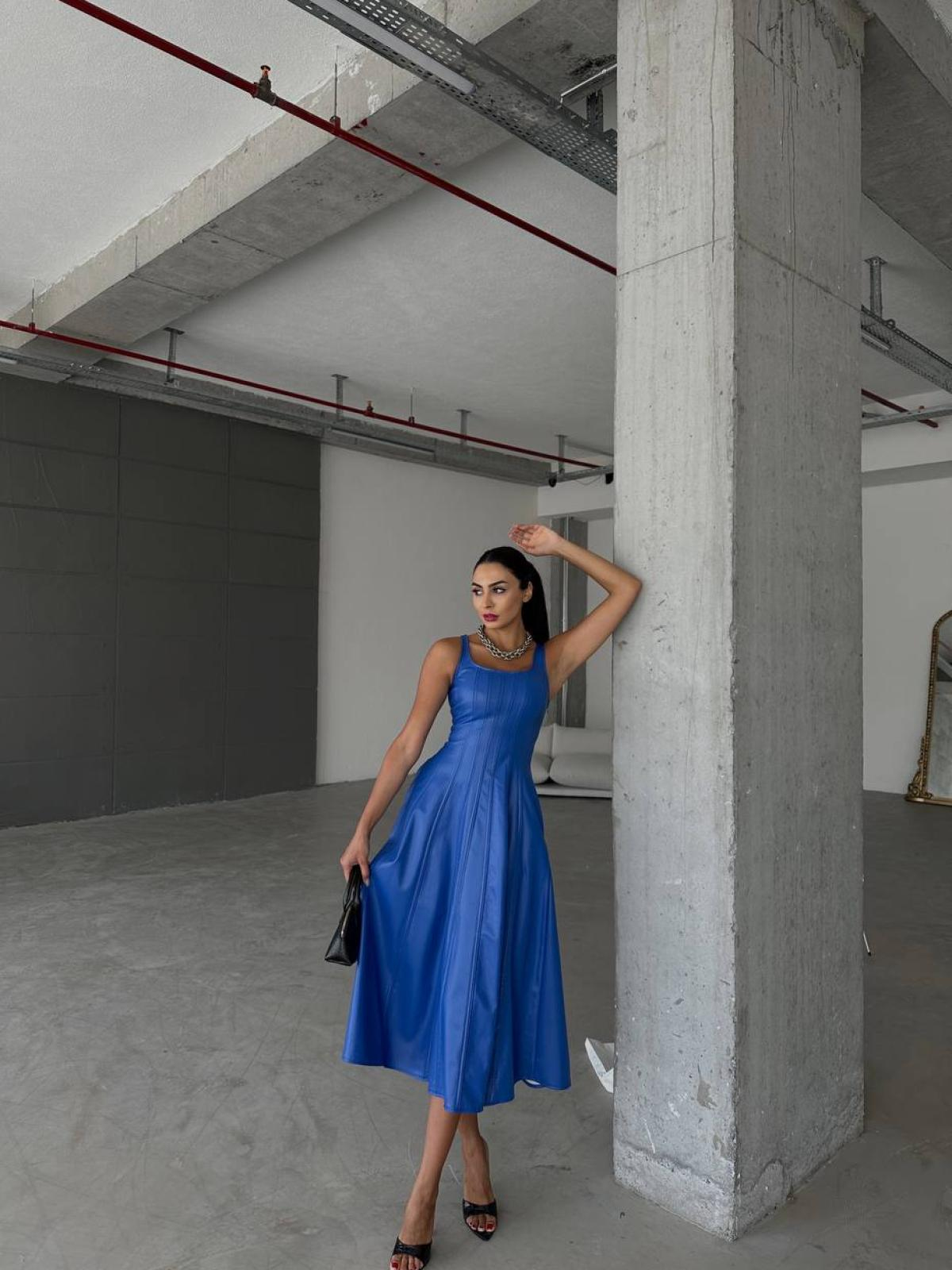 Women sleeveless leather midi dress wholesale Blue color