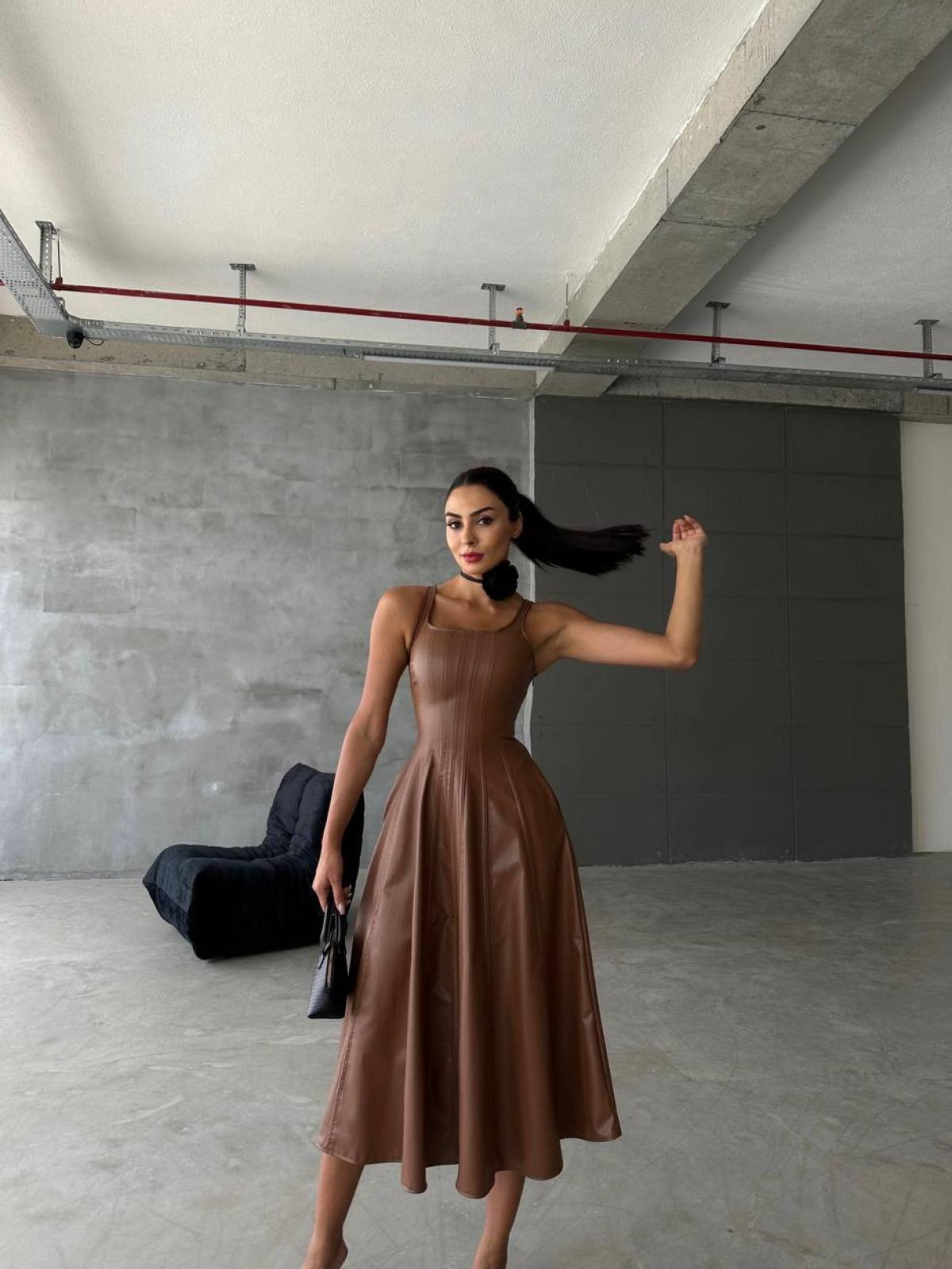 Women sleeveless leather midi dress wholesale Brown color