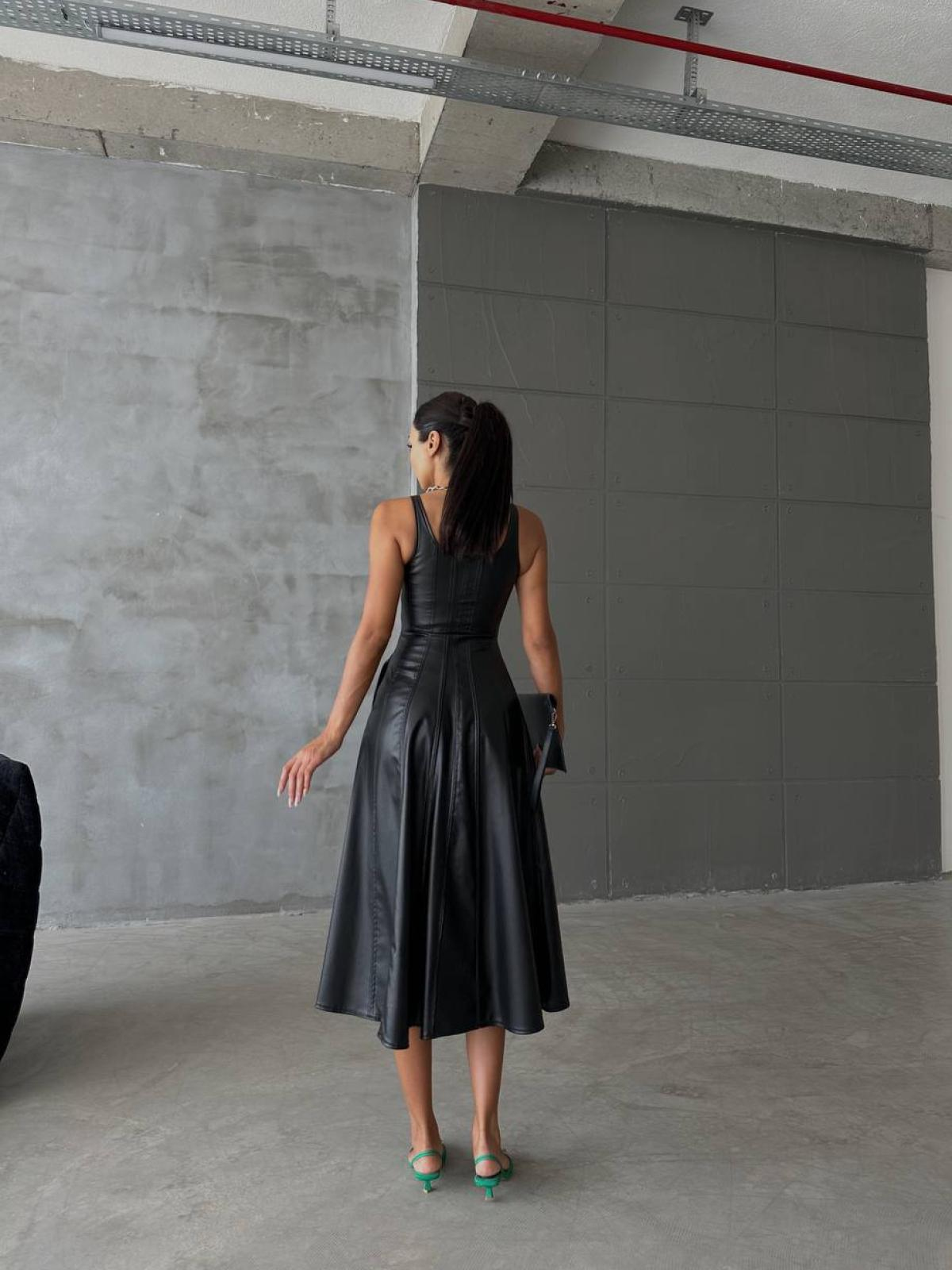Women sleeveless leather midi dress wholesale Black color