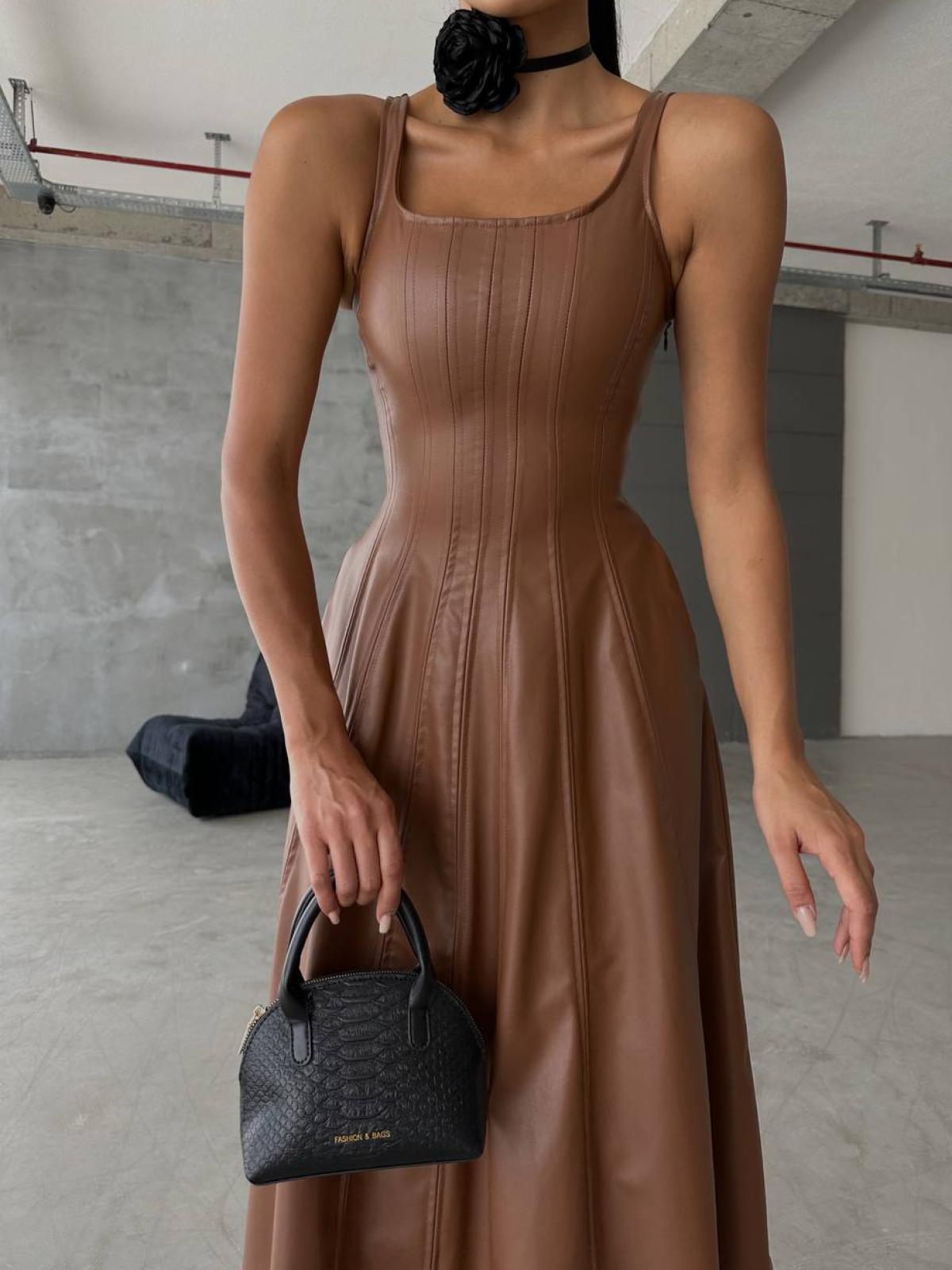 Women sleeveless leather midi dress wholesale Brown color