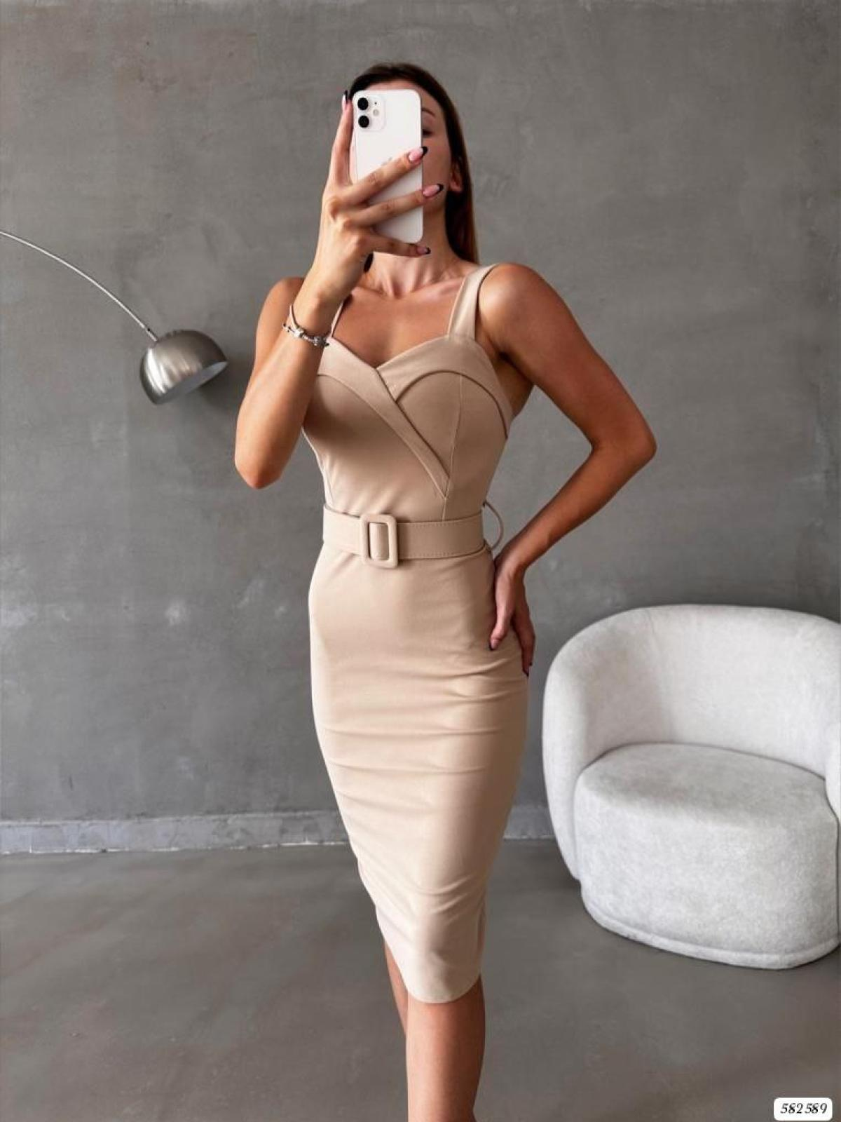 Women sleeveless mini dress with belt wholesale Cream color