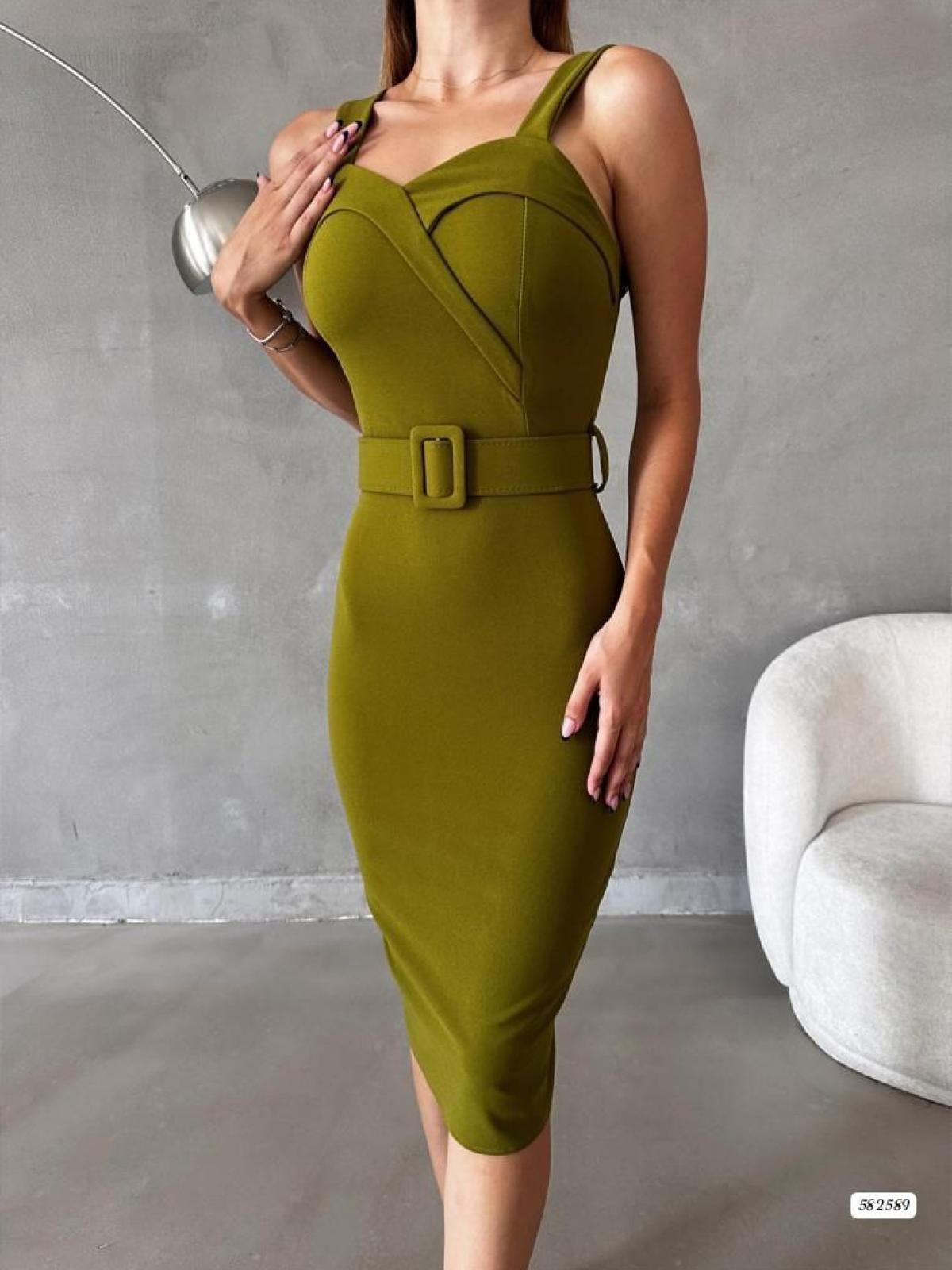 Women sleeveless mini dress with belt wholesale Pistachio color