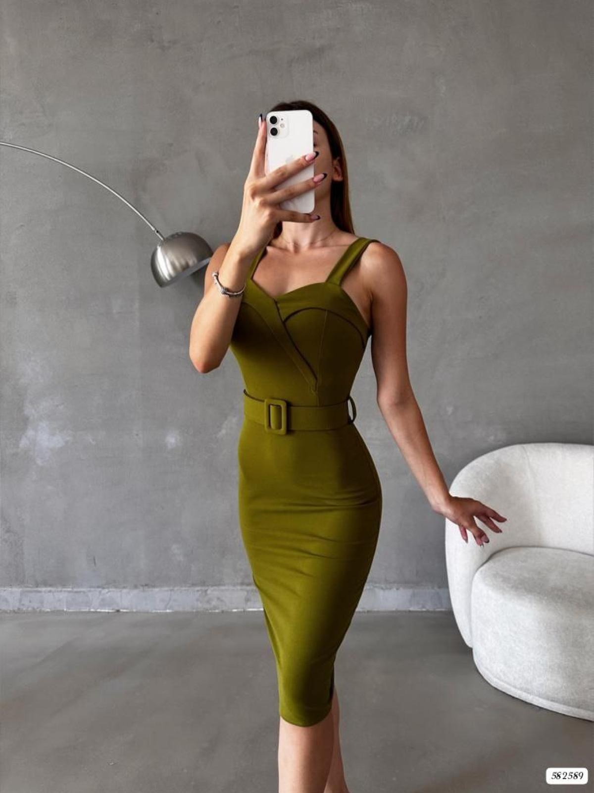 Women sleeveless mini dress with belt wholesale Pistachio color